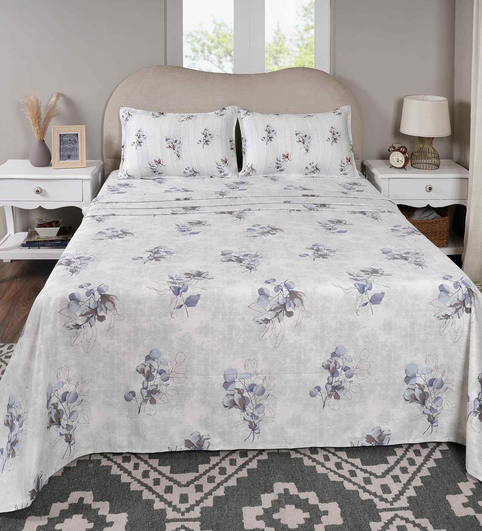 Blue Floral Print 300 TC Cotton King Size Bed Sheet with 2 Pillow Covers Sensory Bloom Collection