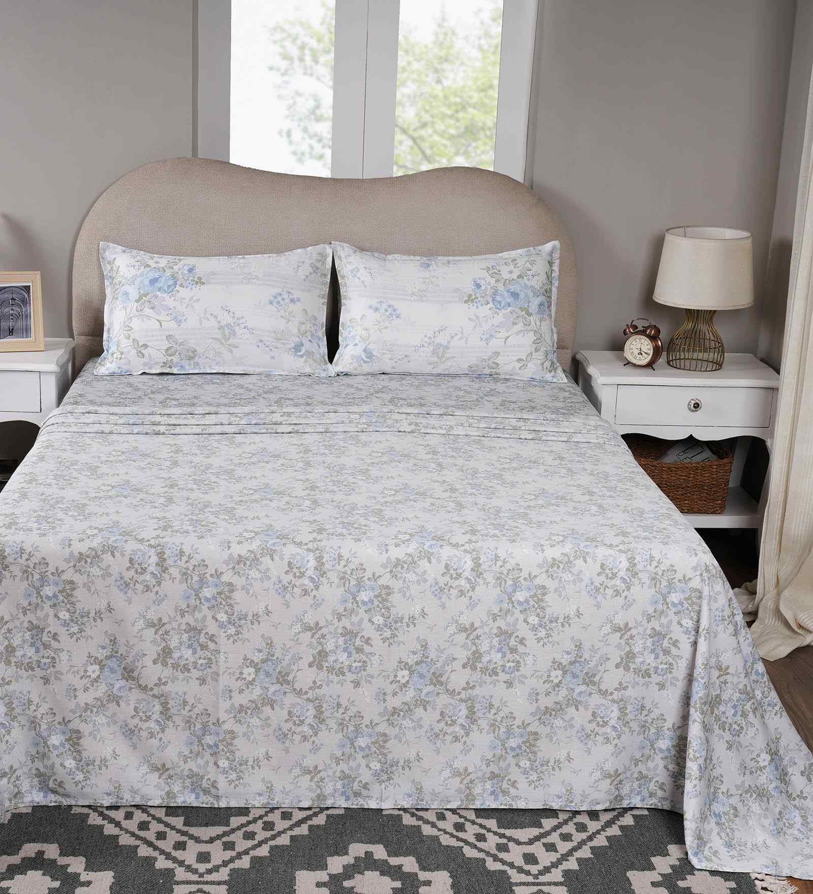 Blue Floral Print 300 TC Cotton King Size Bed Sheet with 2 Pillow Covers Sensory Bloom Collection
