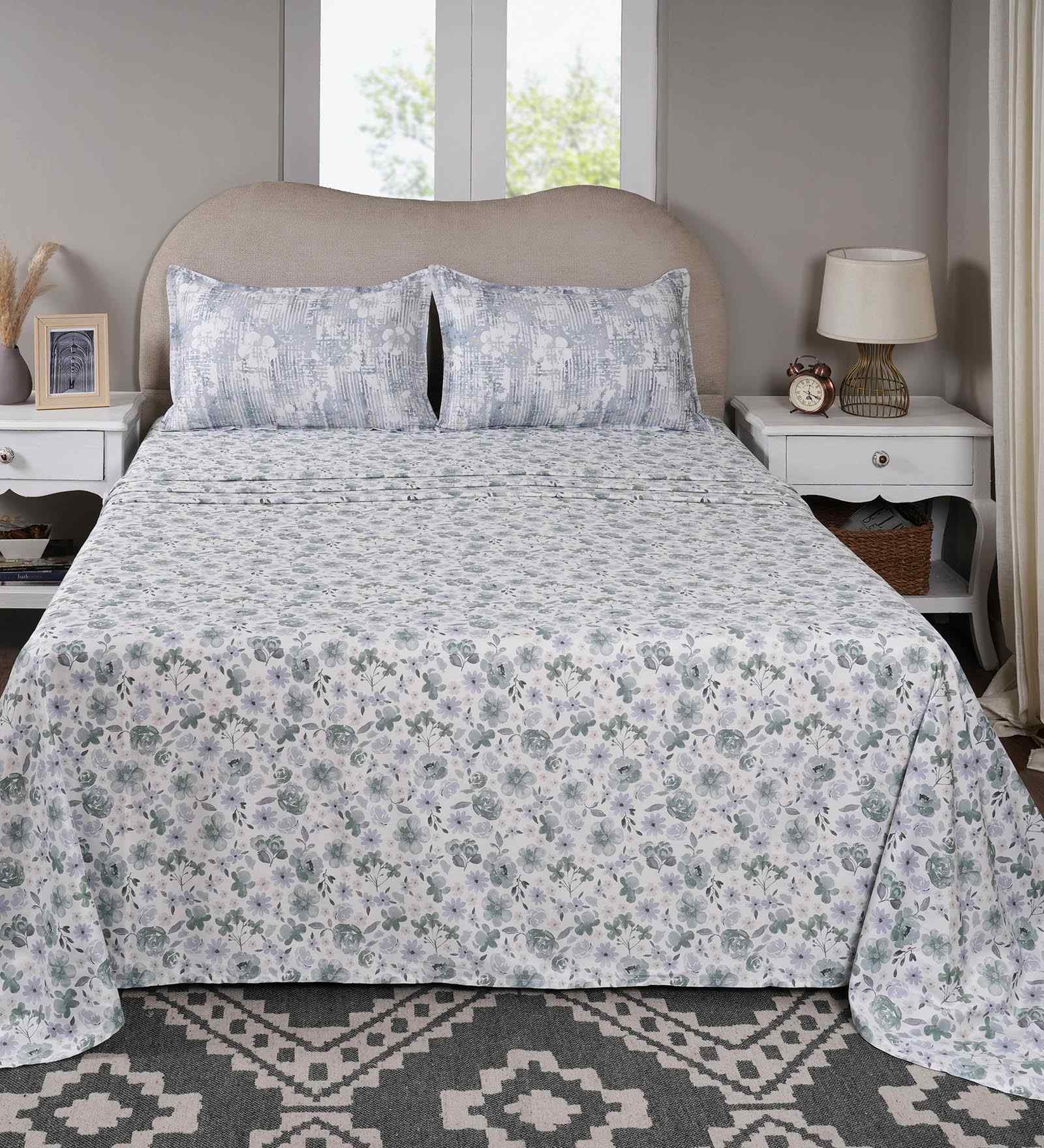 Blue Floral Print 300 TC Cotton King Size Bed Sheet with 2 Pillow Covers Sensory Bloom Collection
