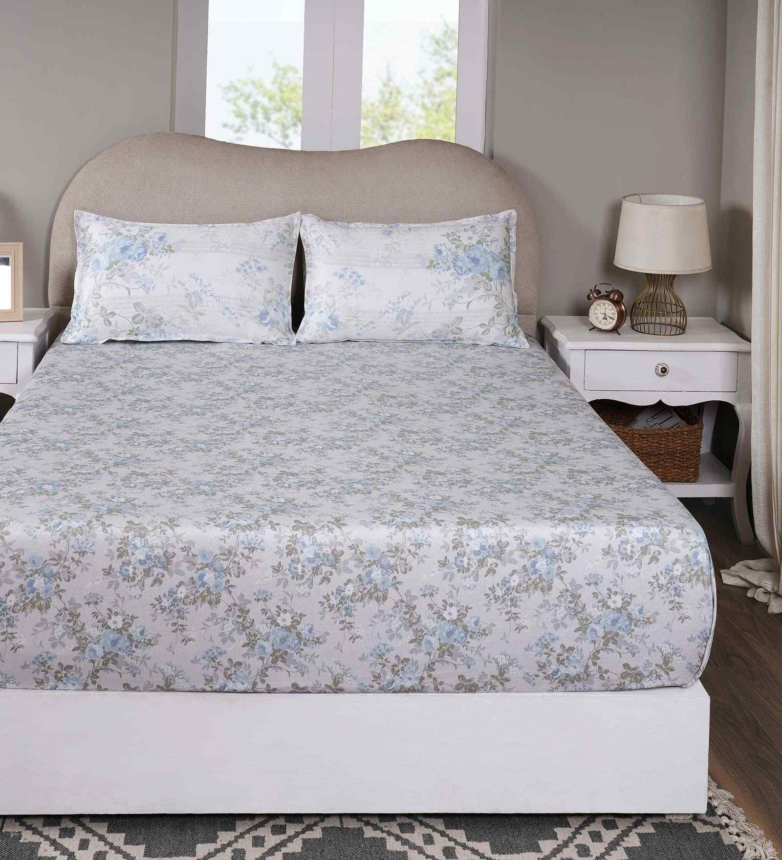 Blue Floral Print 300 TC Cotton Single Bed Fitted Sheet with 1 Pillow Cover Sensory Bloom Collection