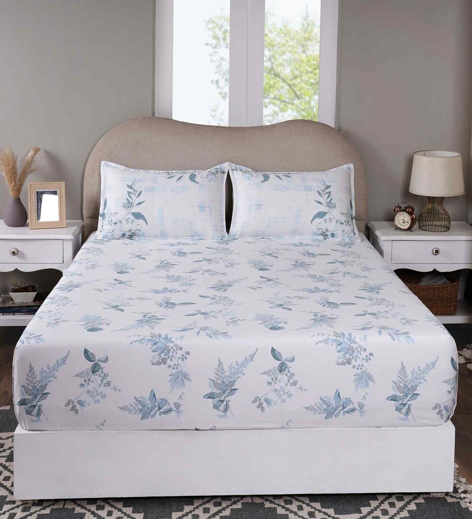 Blue Floral Print 300 TC Cotton Single Bed Fitted Sheet with 1 Pillow Cover Sensory Bloom Collection