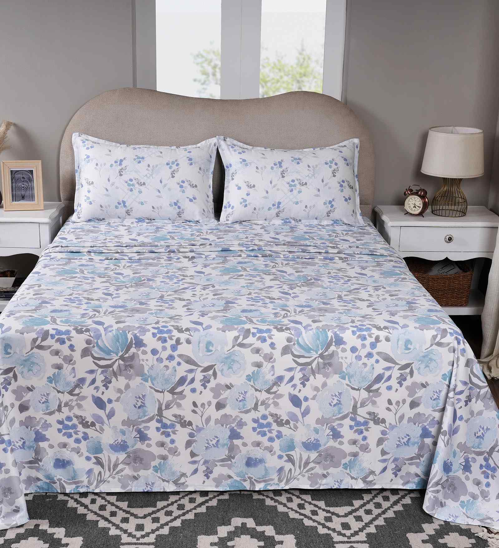 Blue Floral Print 300 TC Cotton Single Bed Sheet with 1 Pillow Cover Sensory Bloom Collection