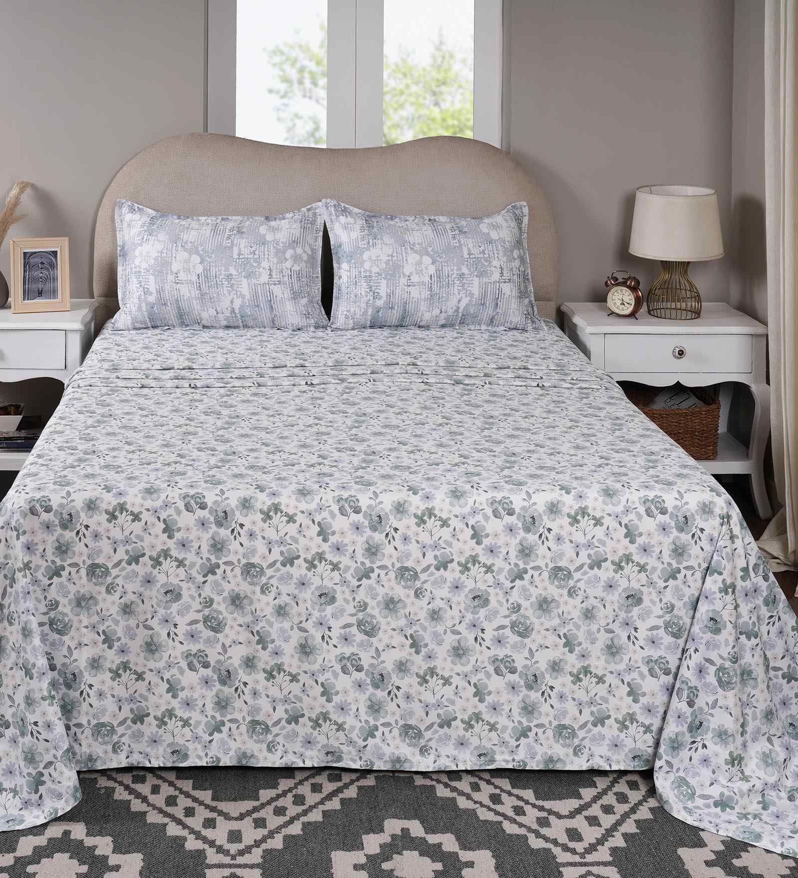 Blue Floral Print 300 TC Cotton Single Bed Sheet with 1 Pillow Cover Sensory Bloom Collection