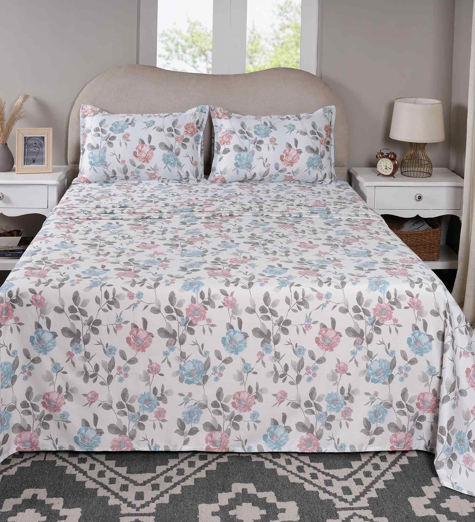 Blue Floral Print 300 TC Cotton Single Bed Sheet with 1 Pillow Cover Sensory Bloom Collection