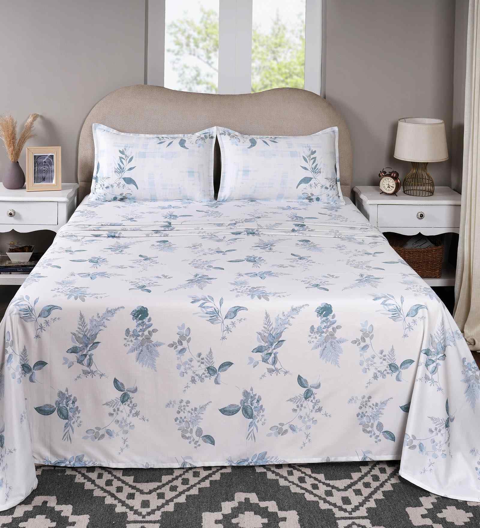 Blue Floral Print 300 TC Cotton Single Bed Sheet with 1 Pillow Cover Sensory Bloom Collection
