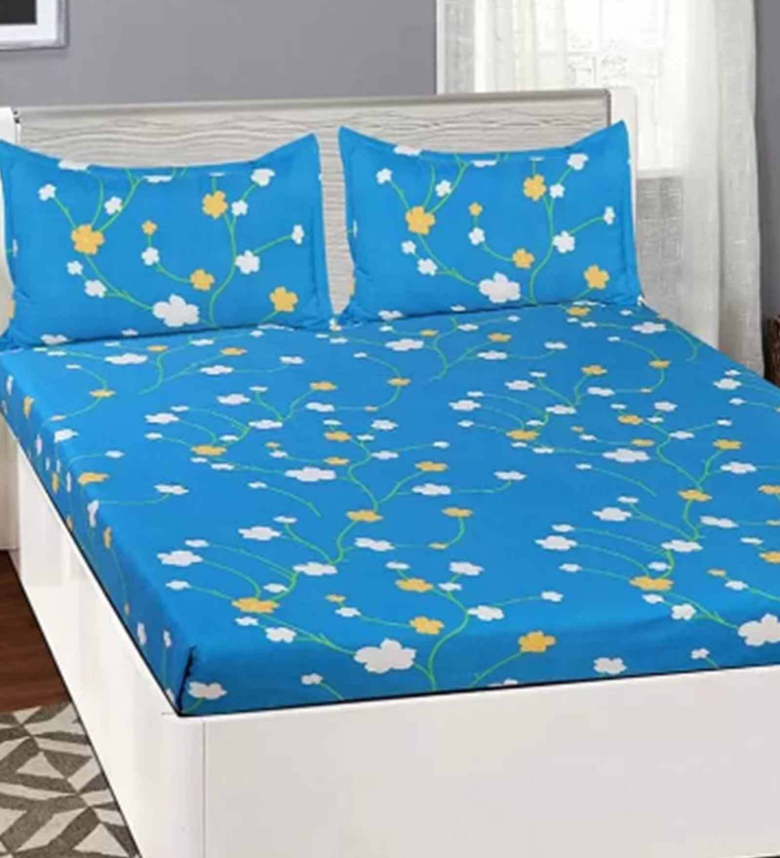 Buy Blue Floral 210 Cotton Fitted Bed Sheet With 2 Pillow Covers by