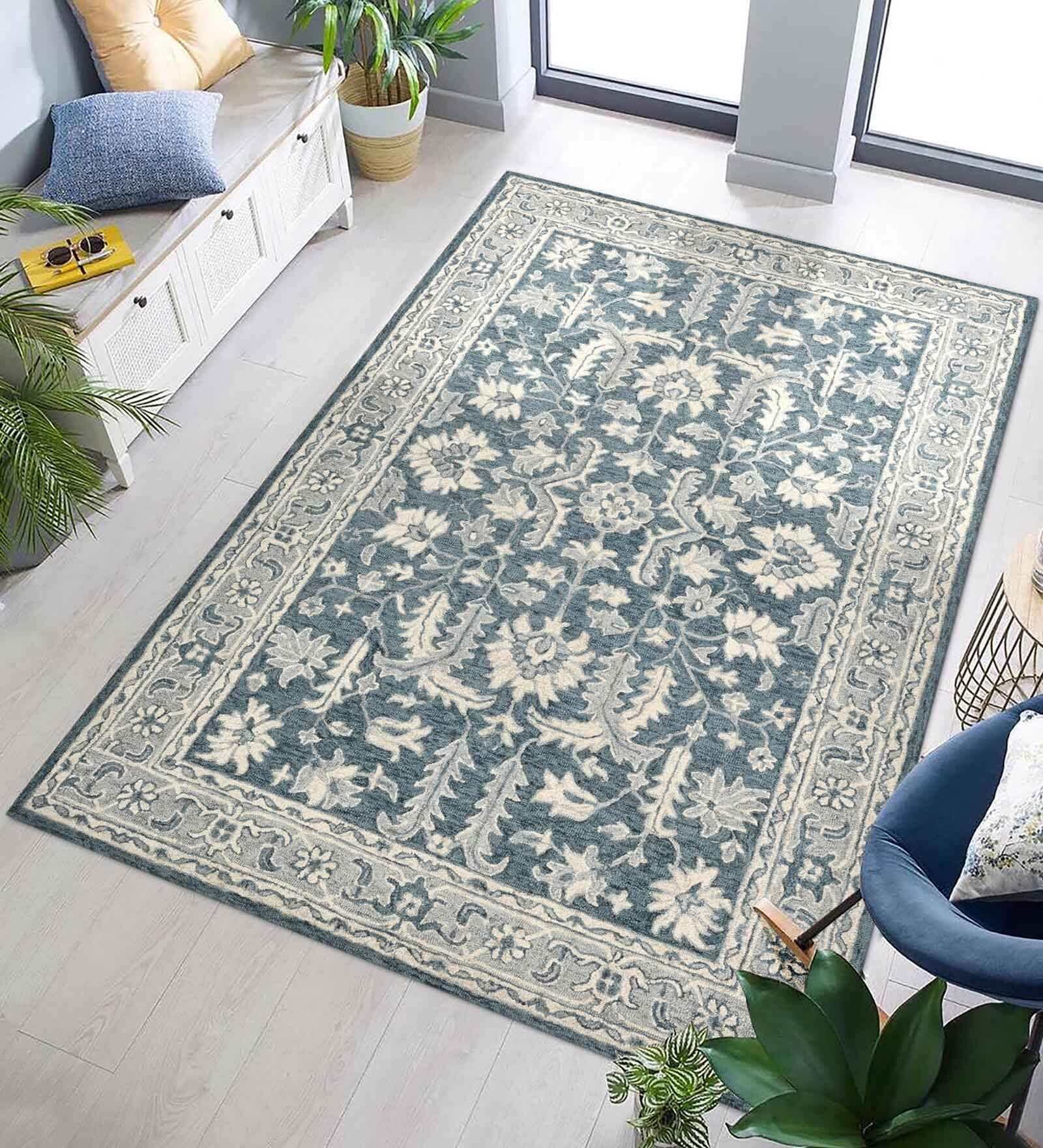 Blue Floral Wool 4X6  Hand-Tufted Carpet