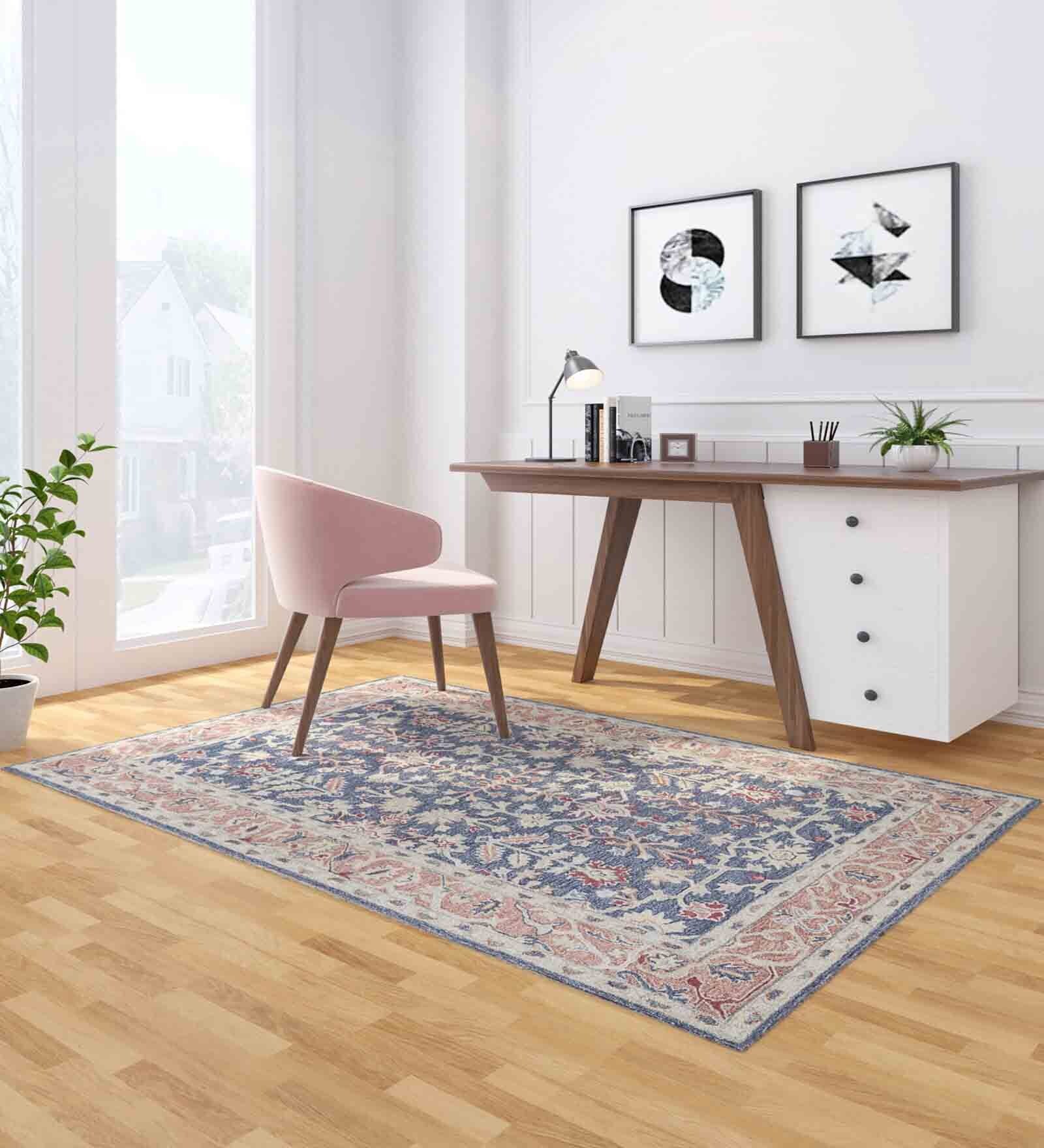 Blue Floral Wool 5 ft X 8 ft Hand Tufted Carpet