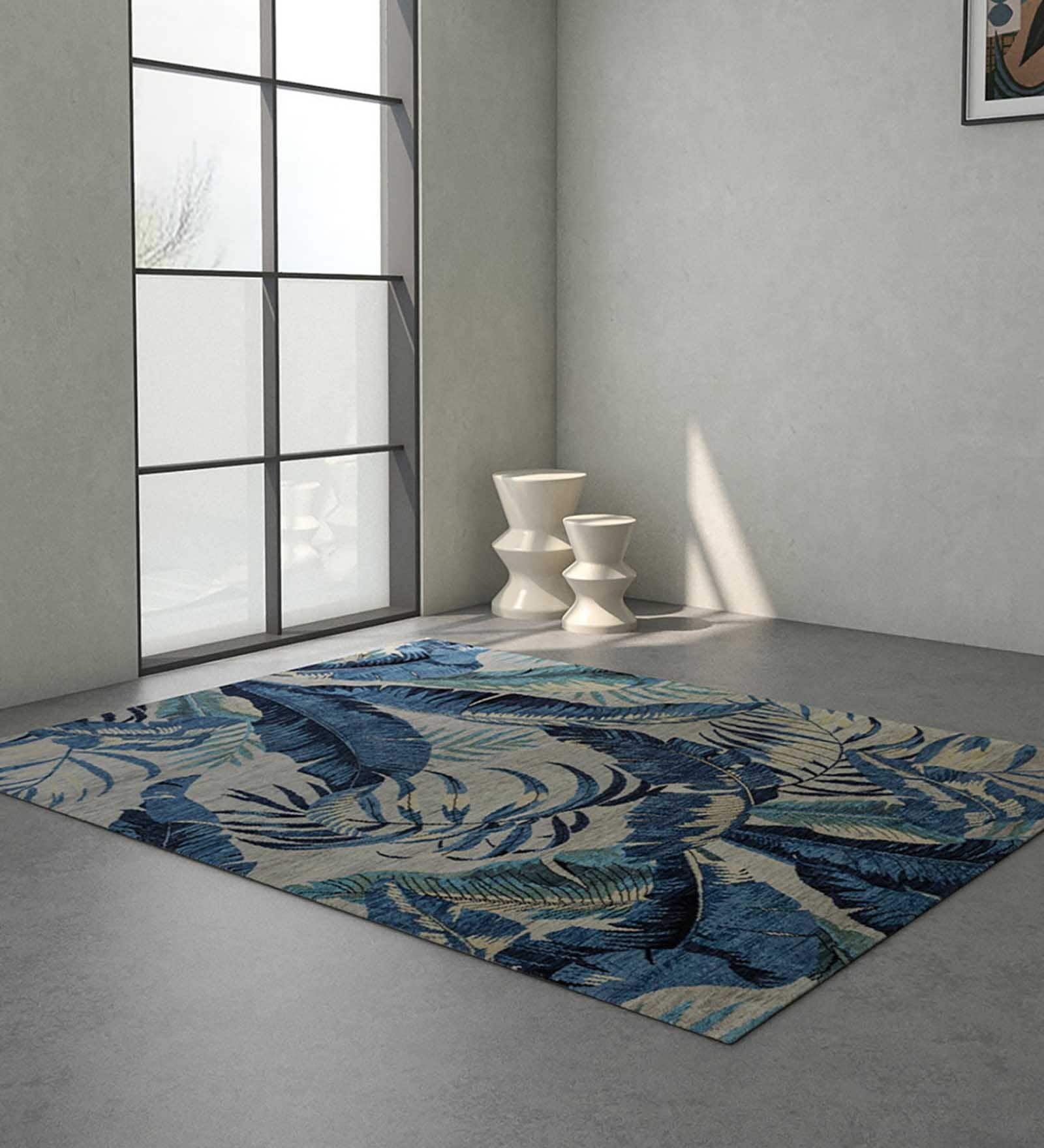 Blue Floral Wool 6 ft x 9 ft Hand Knotted Carpet