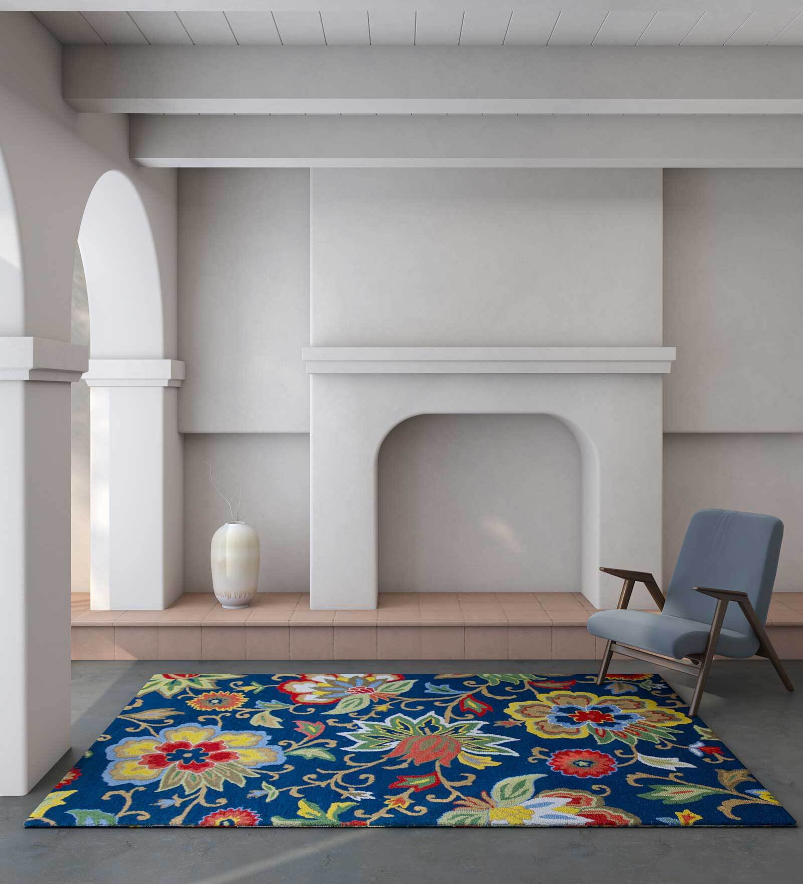 Blue Floral Wool 8 ft x 10 ft Hand Tufted Carpet