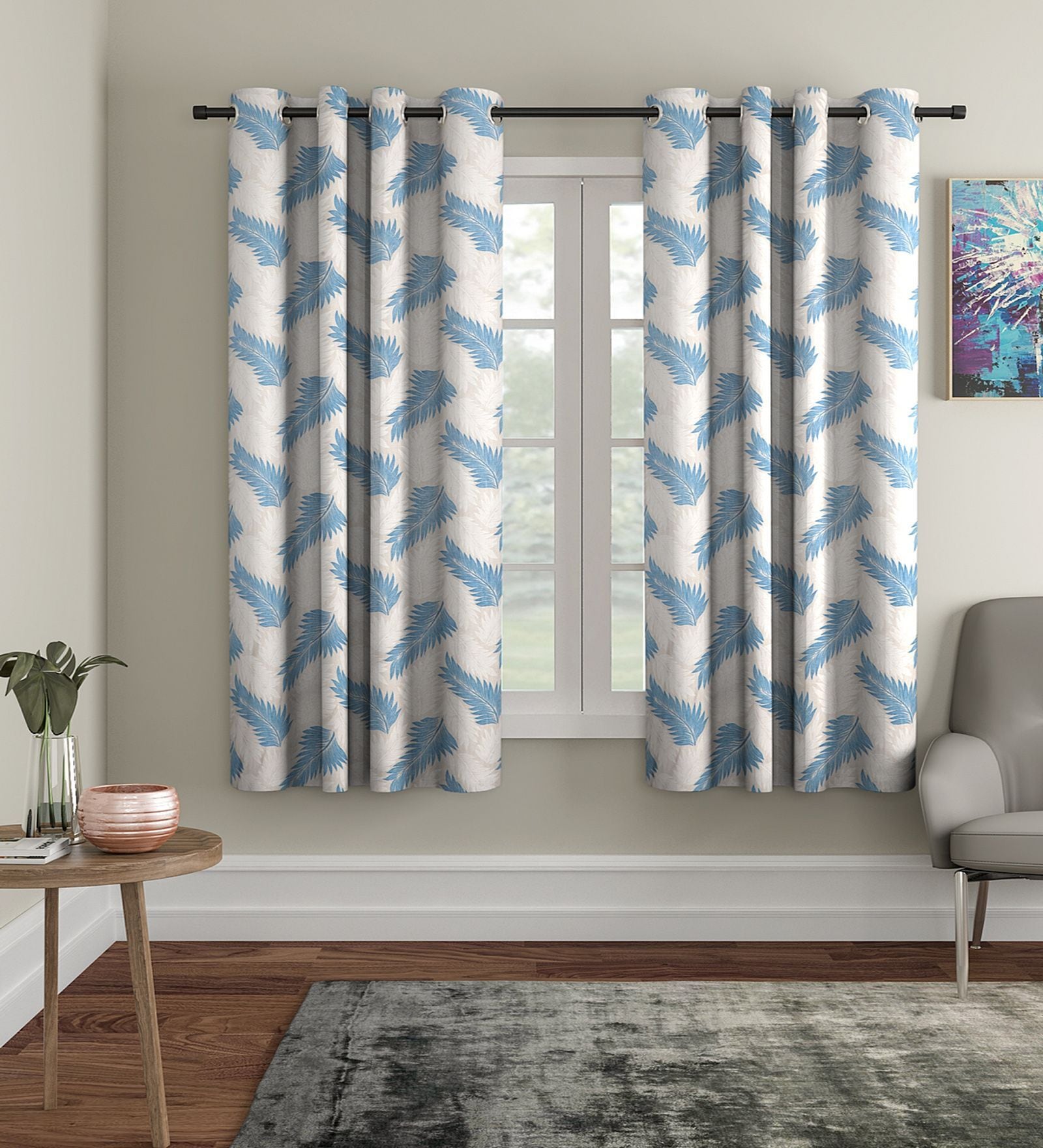 Blue Floral Polyester 5Ft Semisheer Eyelet Window Curtains (Set Of 2)