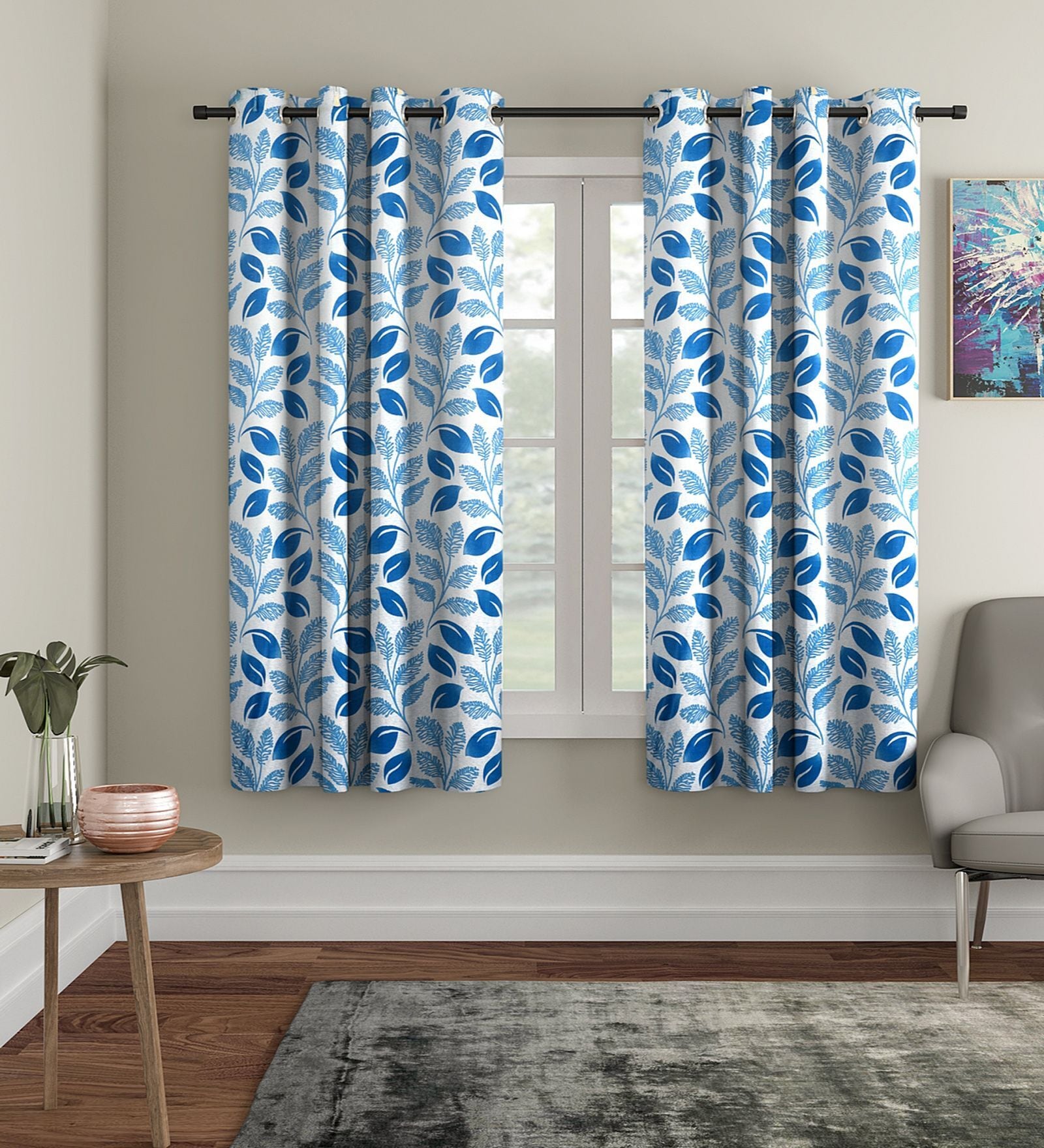 Blue Floral Polyester 5Ft Semisheer Eyelet Window Curtains (Set Of 2)