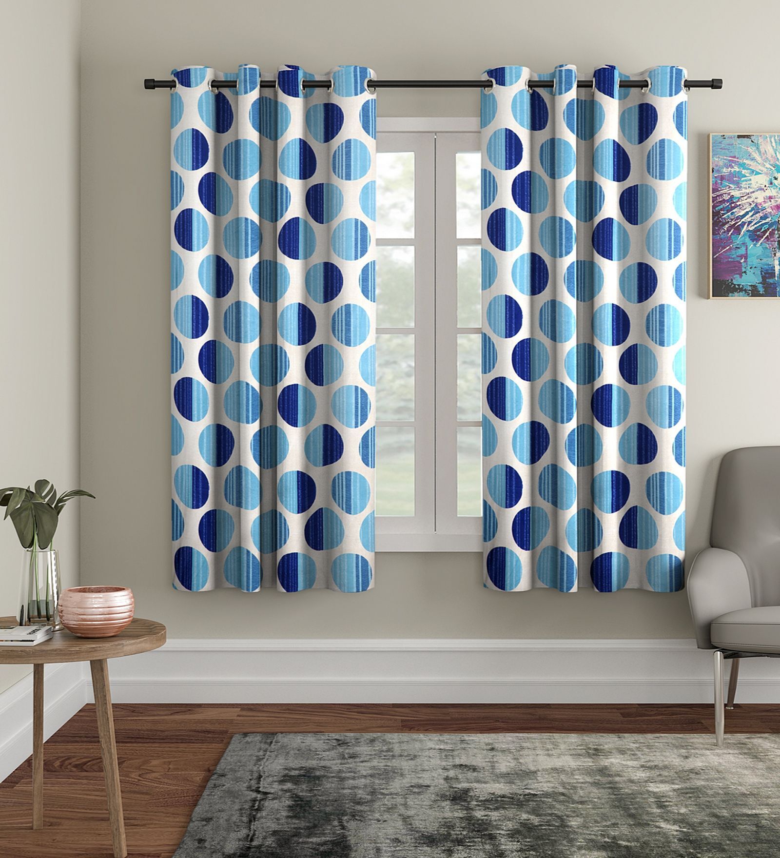 Blue Floral Polyester 5Ft Semisheer Eyelet Window Curtains (Set Of 2)