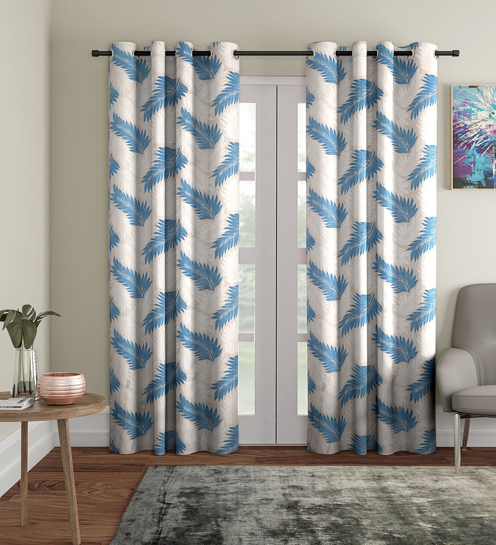 Blue Floral Polyester 7Ft Semisheer Eyelet Door Curtains (Set Of 2)