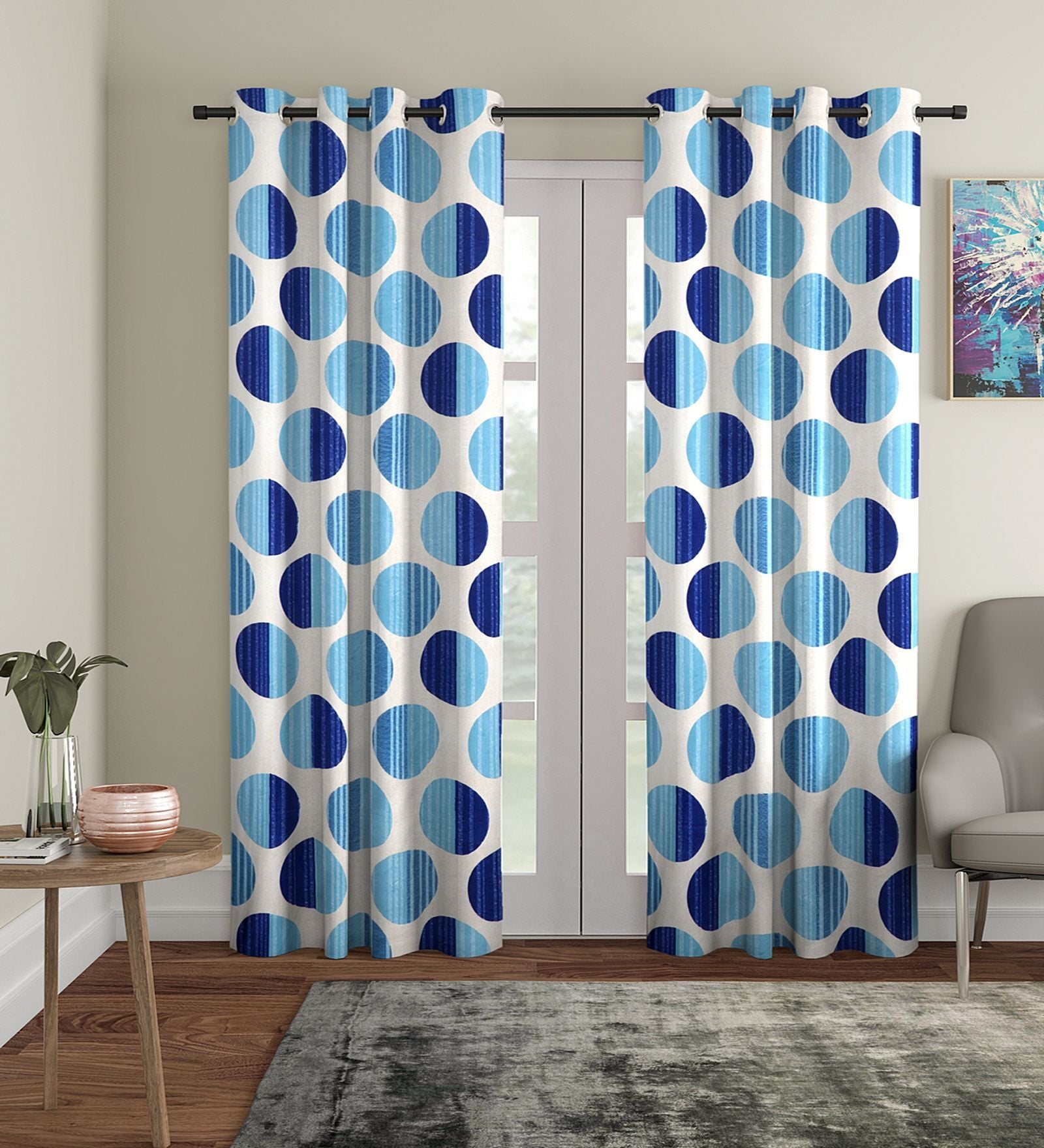 Blue Floral Polyester 7Ft Semisheer Eyelet Door Curtains (Set Of 2)