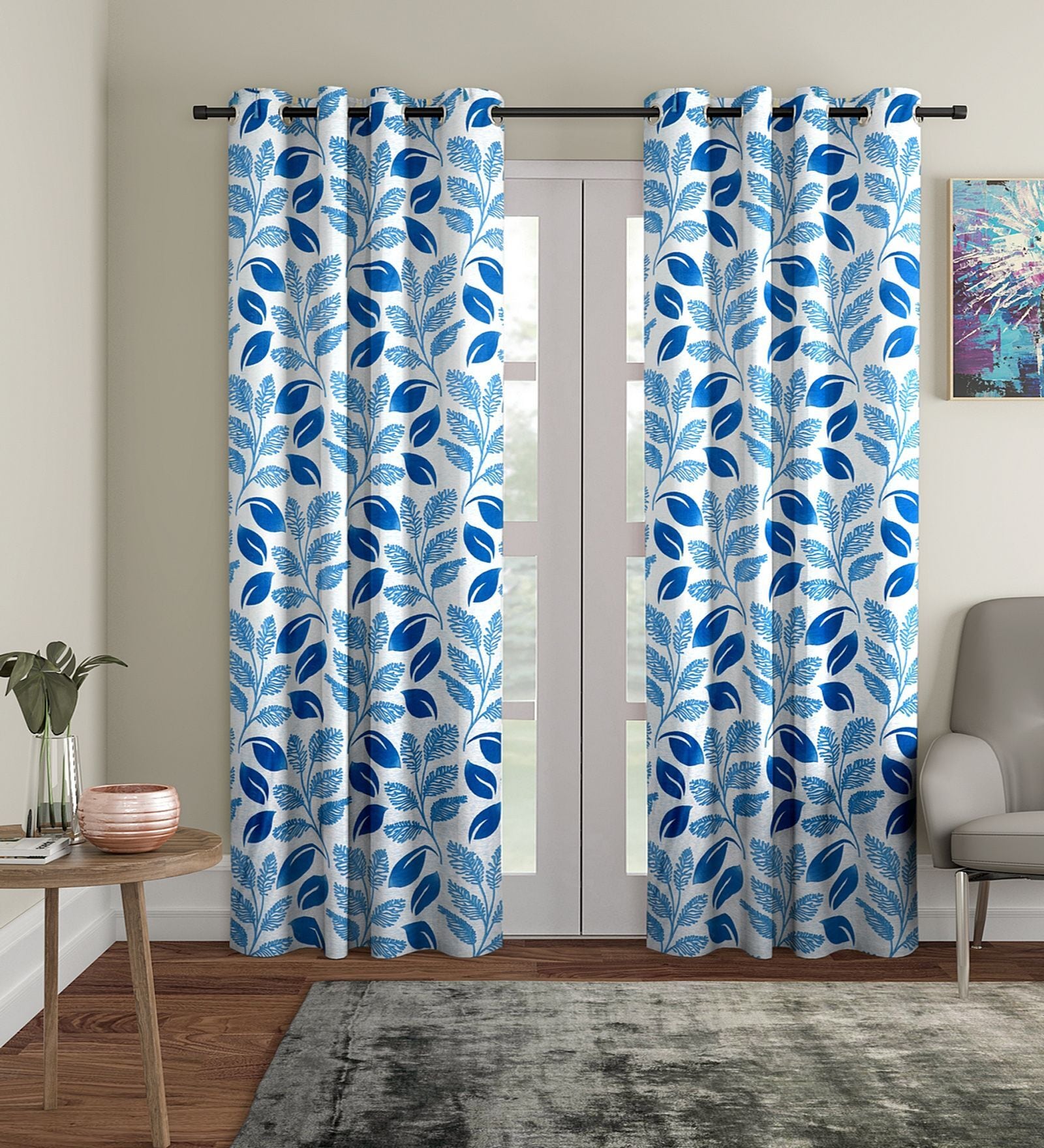Blue Floral Polyester 9Ft Semisheer Eyelet Door Curtains (Set Of 2)