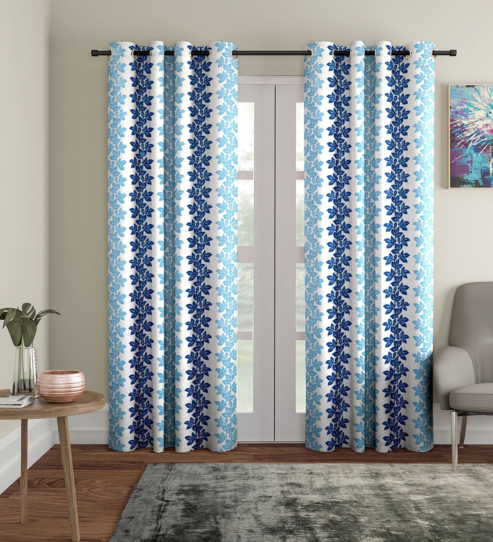 Blue Floral Polyester 9Ft Semisheer Eyelet Door Curtains (Set Of 2)