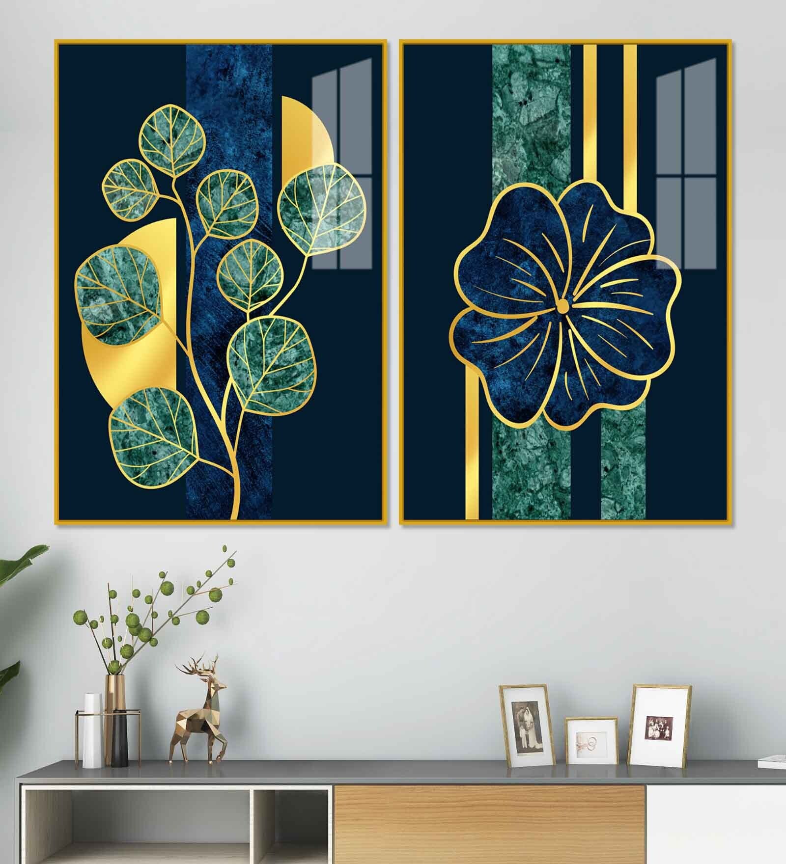 Blue Flower And Green Plant Acrylic Framed Art Panel (Set Of 2)