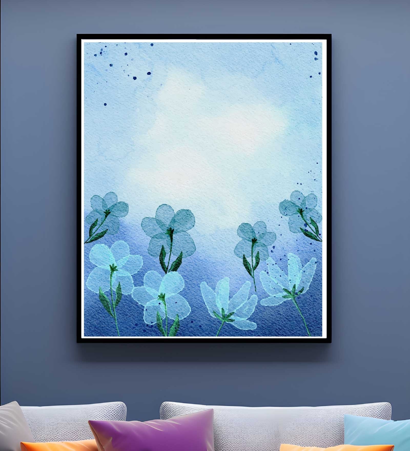 Blue Flower Printed Canvas Wall Art