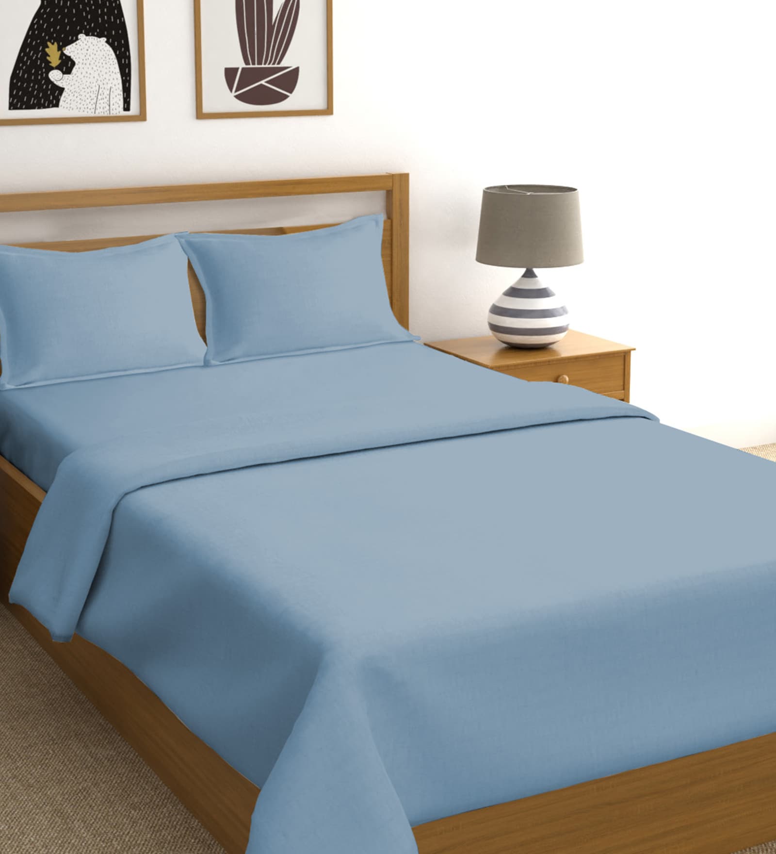 Blue Fog 100% Cotton 400 TC Doube Bedsheet with 2 Pillow Covers