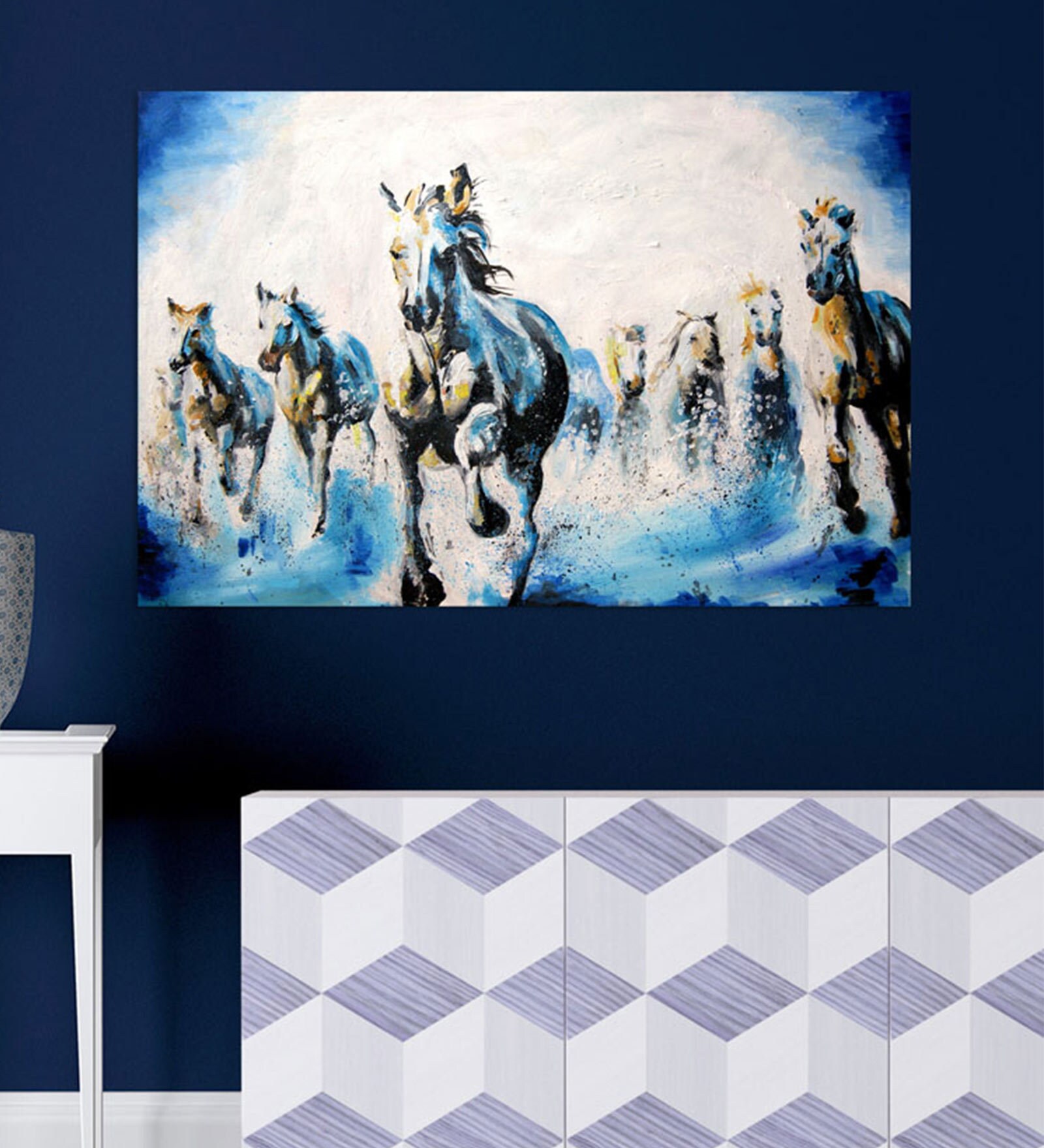 Horse In Blue Canvas Framed Art Print (33 x 21 Inches)
