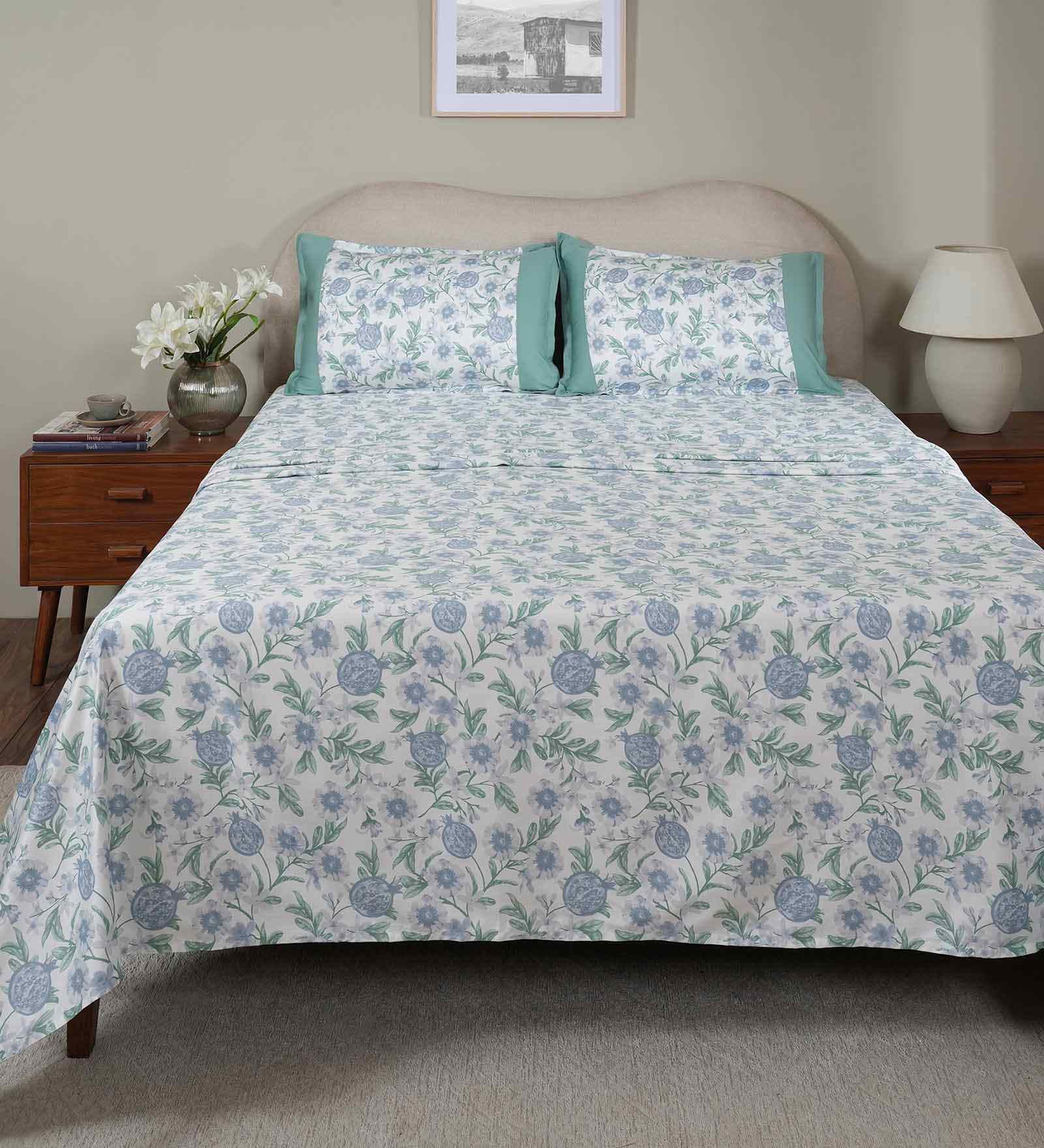 Blue Fruit Print 200 TC Cotton Double Bed Sheet with 2 Pillow Covers Sensory Bloom Collection