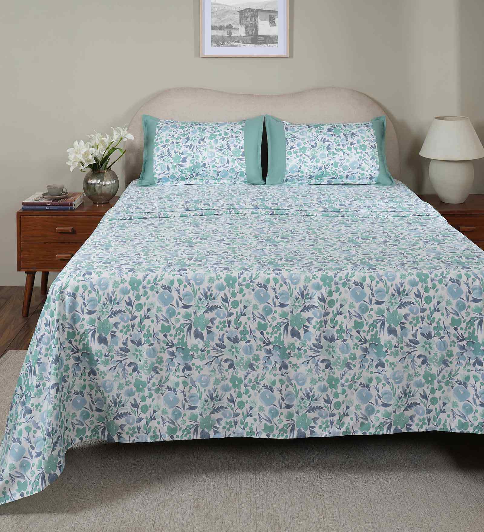 Blue Fruit Print 200 TC Cotton Double Bed Sheet with 2 Pillow Covers Sensory Bloom Collection