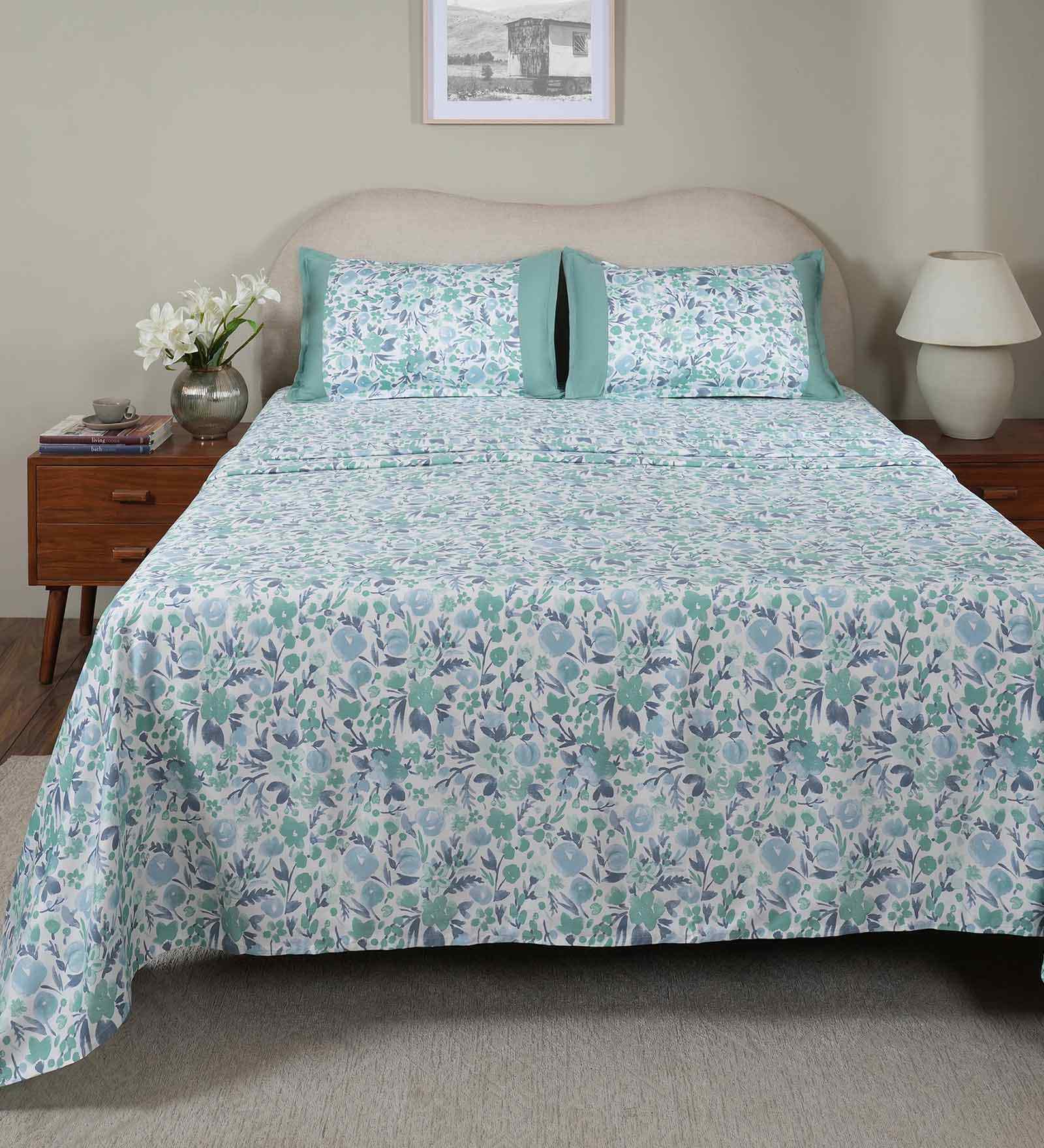 Blue Fruit Print 200 TC Cotton King Size Bed Sheet with 2 Pillow Covers Sensory Bloom Collection