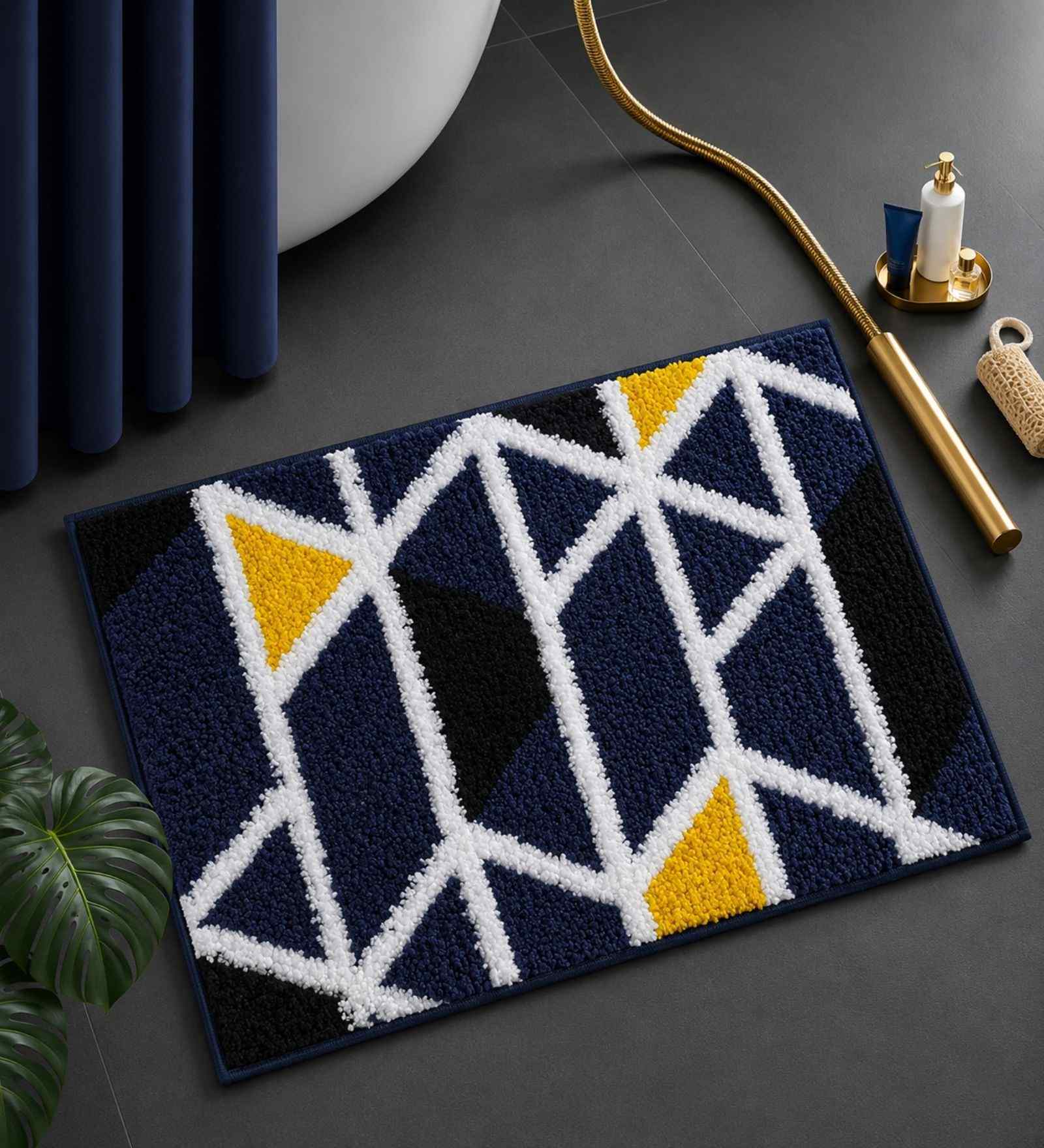 Blue Geomatric Microfibre 24X16 Inches Anti-Skid Bath Mat