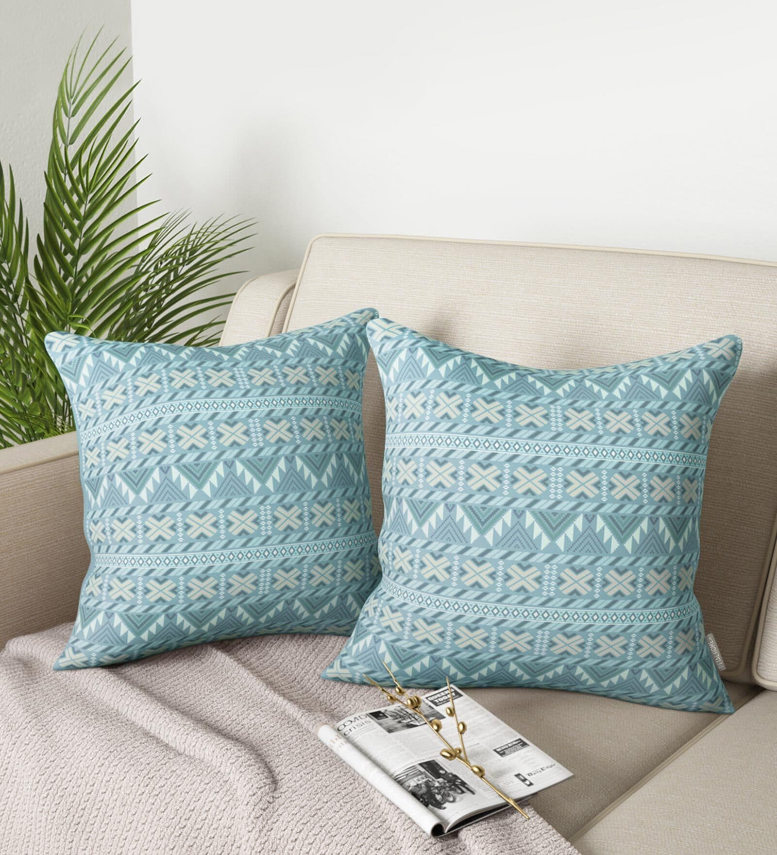 Blue Geometric Cotton 16x16 Inches Cushion Covers (Set of 2)