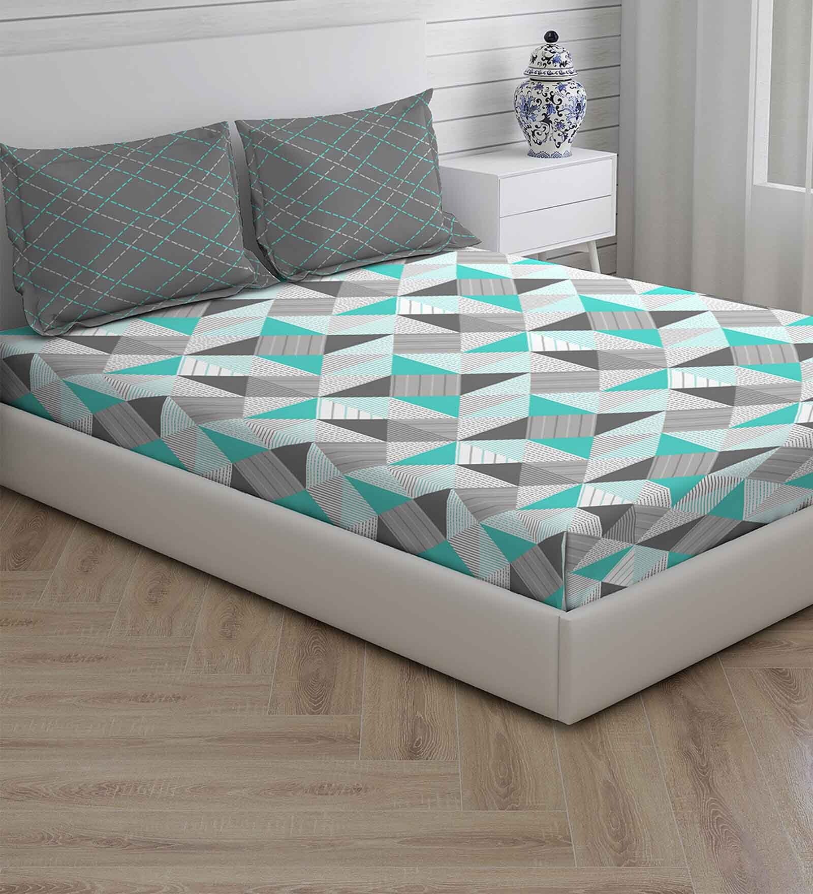 Buy Blue Geometric 104 TC Cotton Queen Sized Bed Sheets with 2 Pillow ...