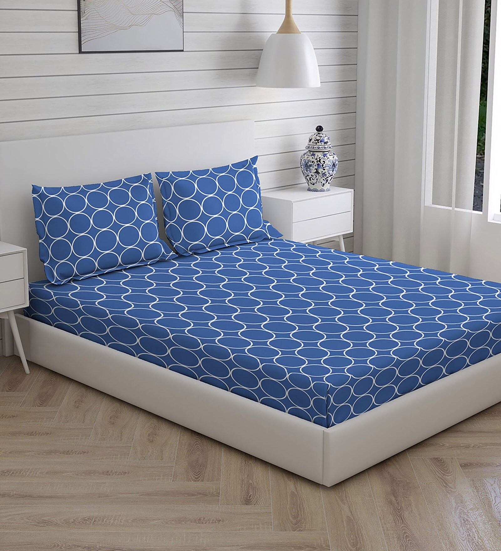 Buy Blue Geometric 104 TC Cotton Queen Sized Bed Sheets with 2 Pillow ...