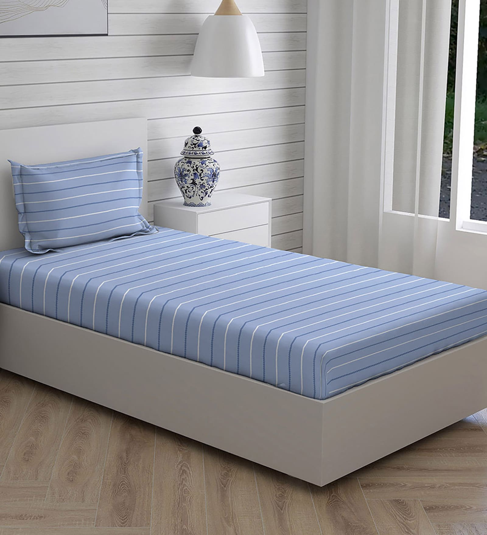 Blue Striped 104 TC Cotton Single Bed Sized Bed Sheets With 1 Pillow Cover
