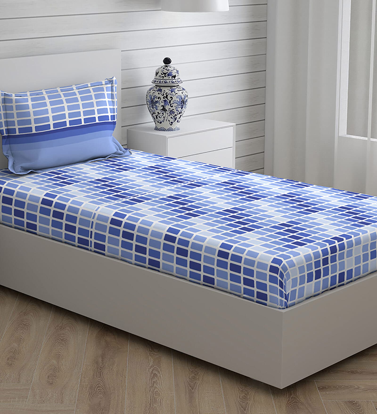 Blue Geometric 104 TC Cotton Single Bed Sized Bed Sheets With 1 Pillow Cover
