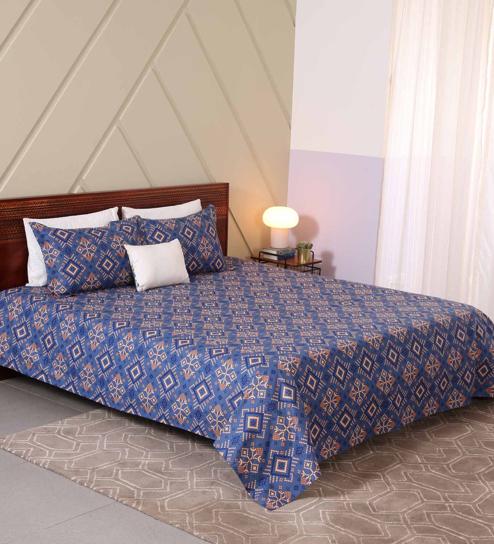 Buy Blue Geometric 120 TC Cotton King Sized Bed Sheets with 2 Pillow