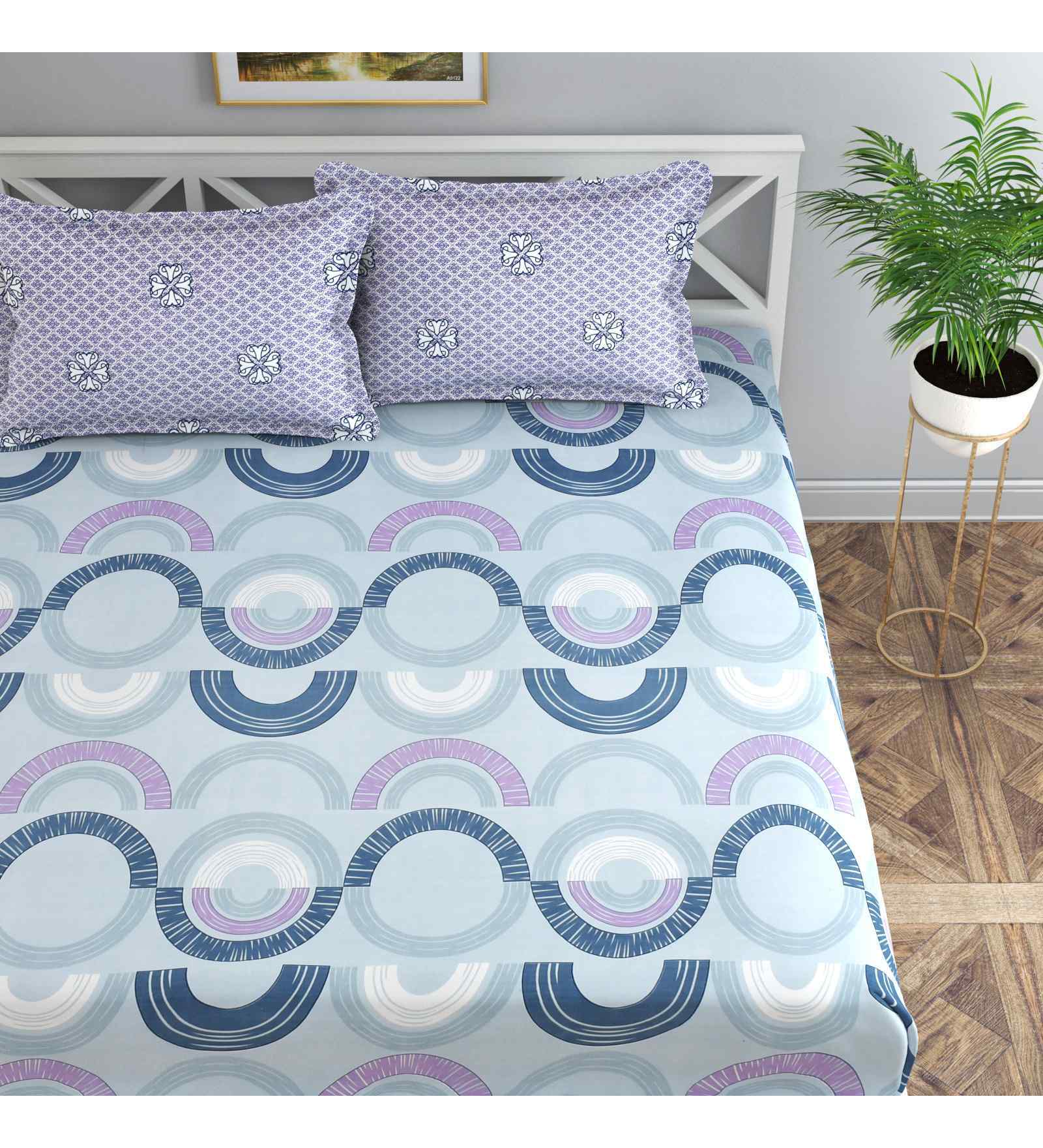 Blue Geometric 144 TC Cotton King Sized Bedsheet Bedsheet 2 Pillow Prime Collection