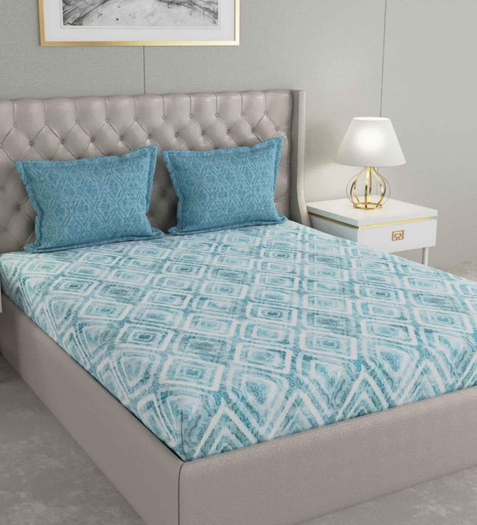Blue Geometric 144 TC Cotton Queen Sized Bed Sheets with 2 Pillow Covers