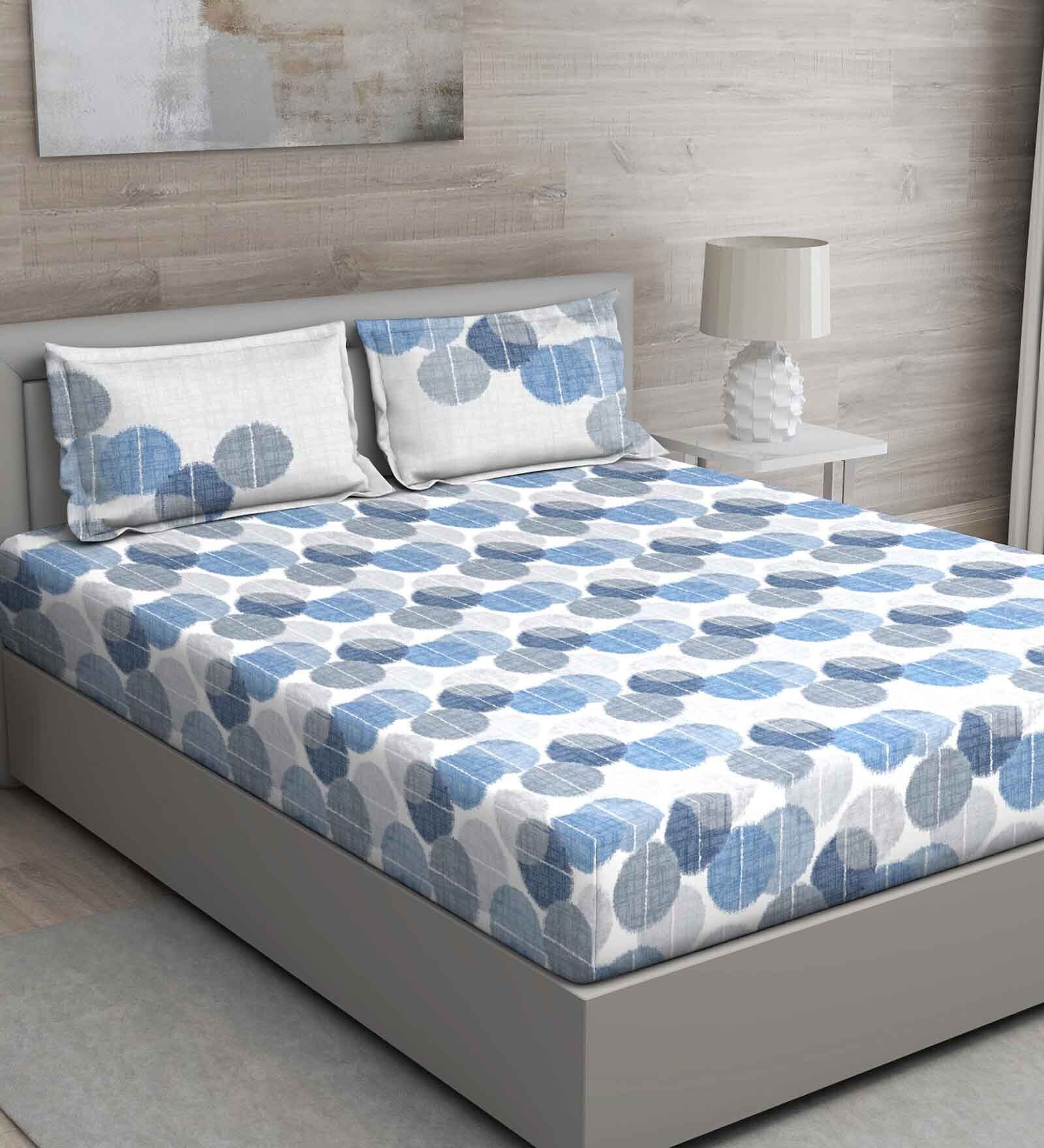 Blue Geometric 144 TC Cotton Queen Sized Bed Sheets with 2 Pillow Covers