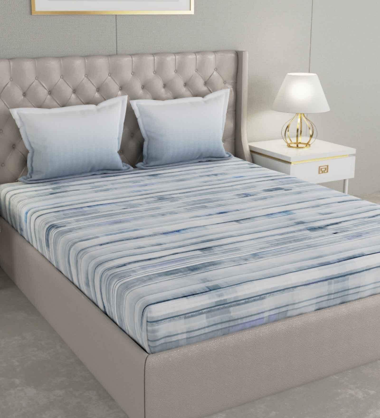 Blue Striped 144 TC Cotton Queen Sized Bed Sheets with 2 Pillow Covers