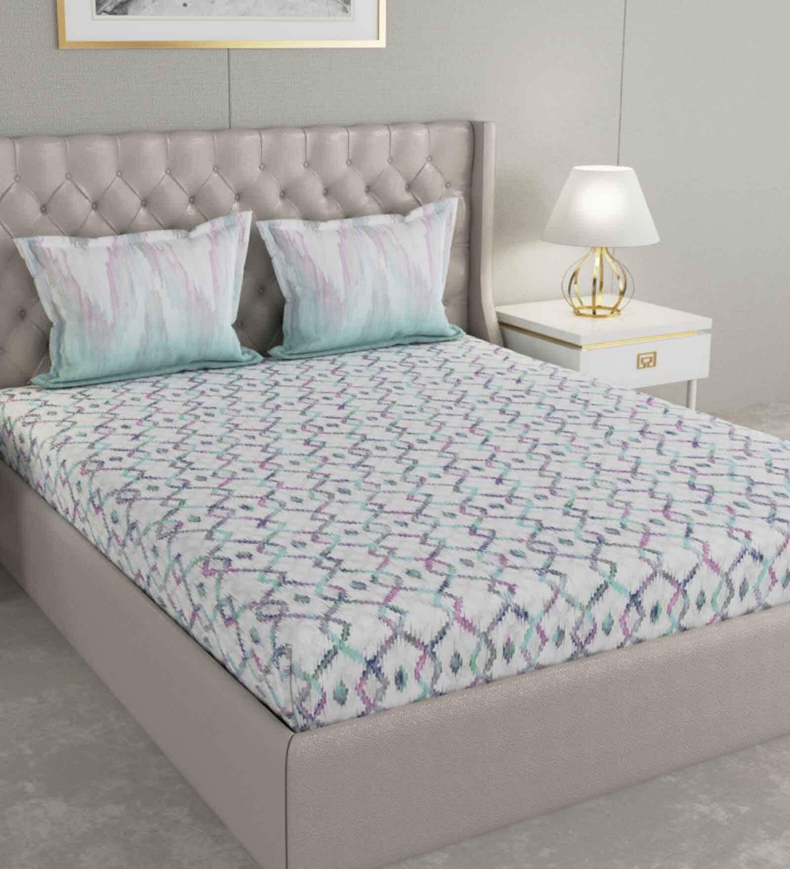 Blue Geometric 144 TC Cotton Queen Sized Bed Sheets with 2 Pillow Covers