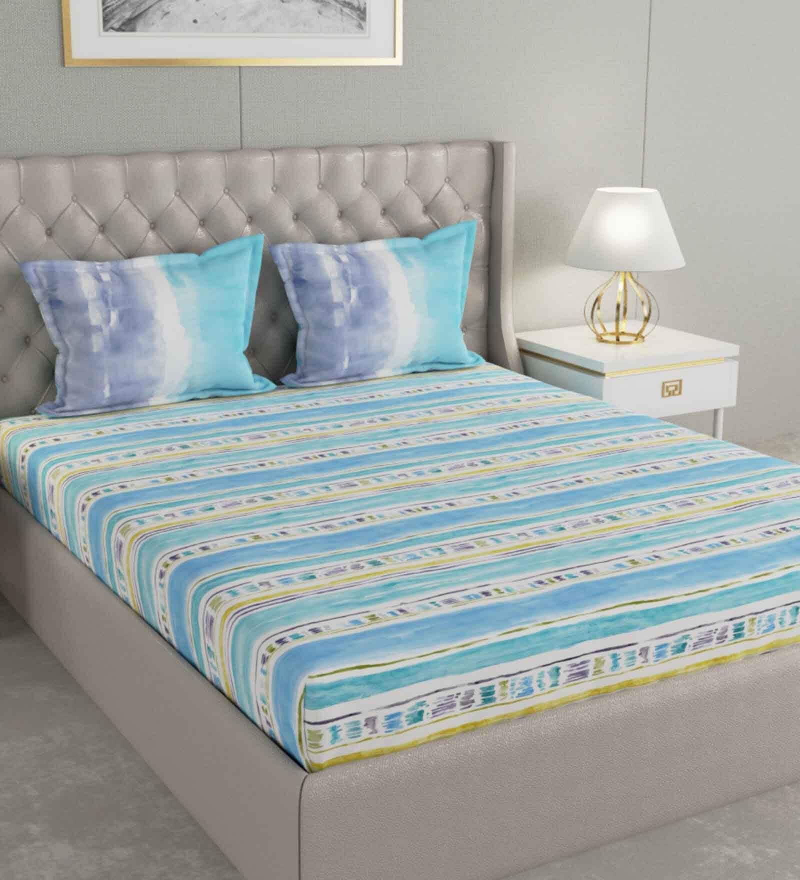 Blue Striped 144 TC Cotton Queen Sized Bed Sheets with 2 Pillow Covers