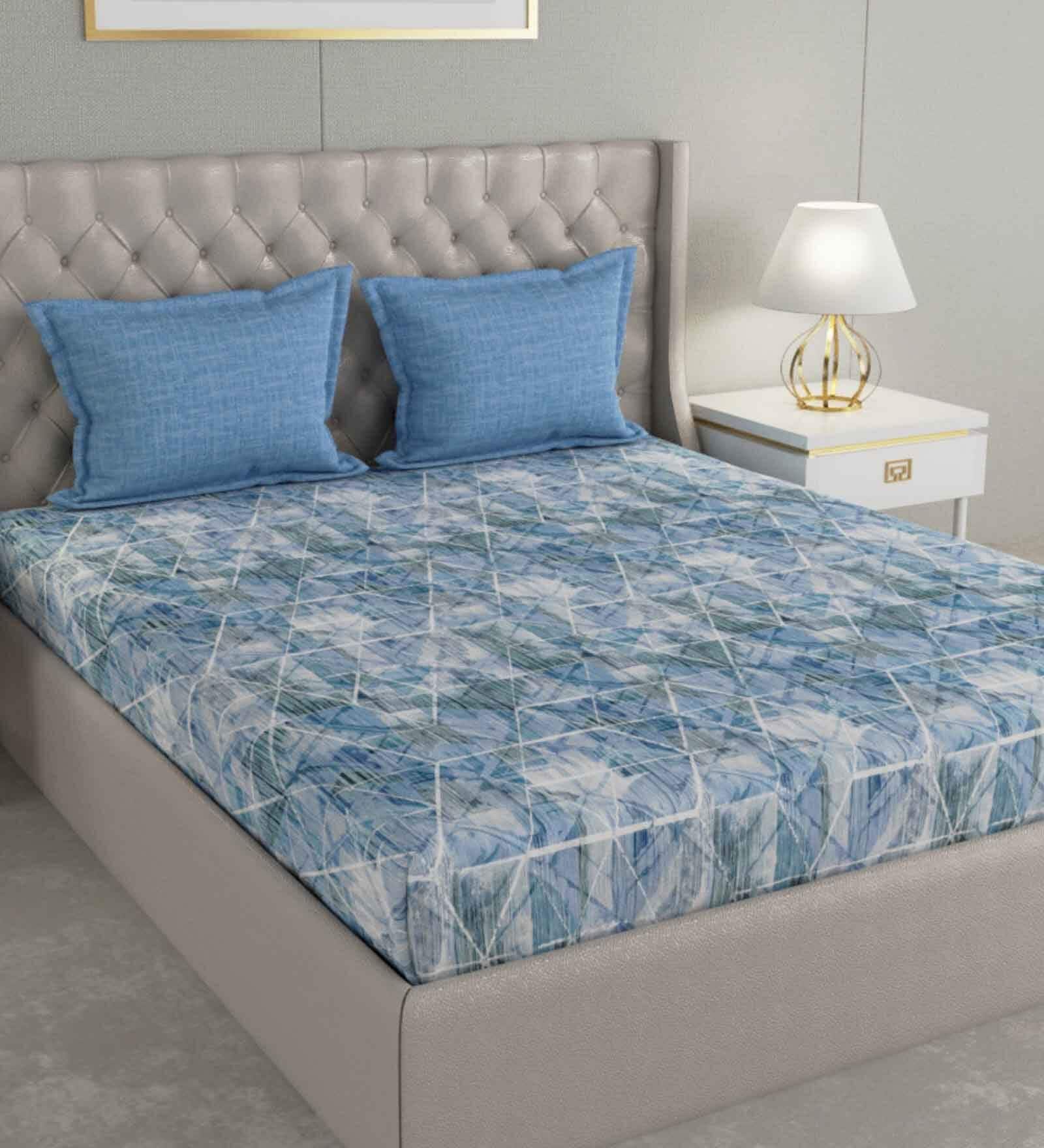Blue Geometric 144 TC Cotton Queen Sized Bed Sheets with 2 Pillow Covers