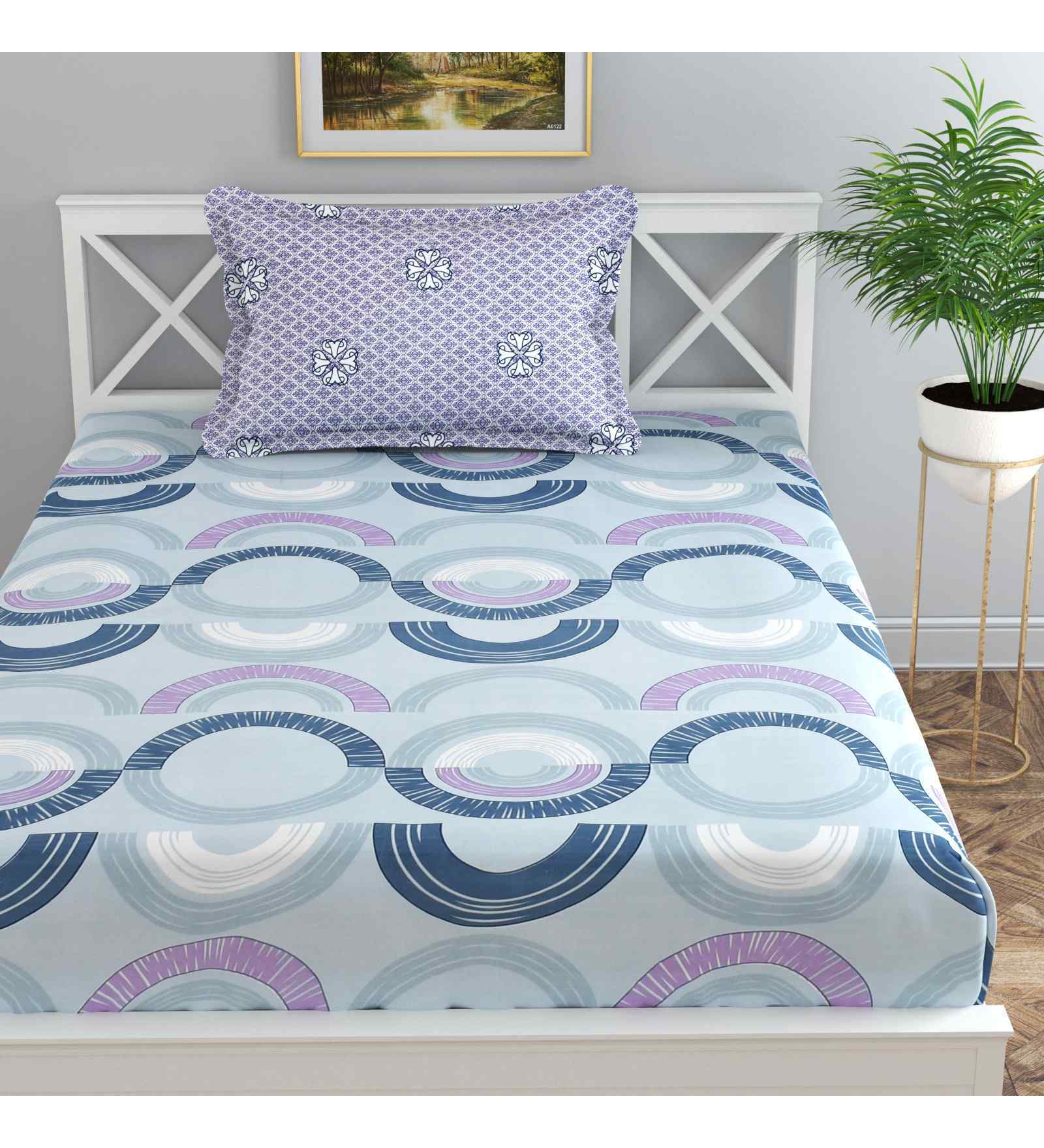 Blue Geometric 144 TC Cotton Single Bed Sheet Bedsheet 1 Pillow Prime Collection