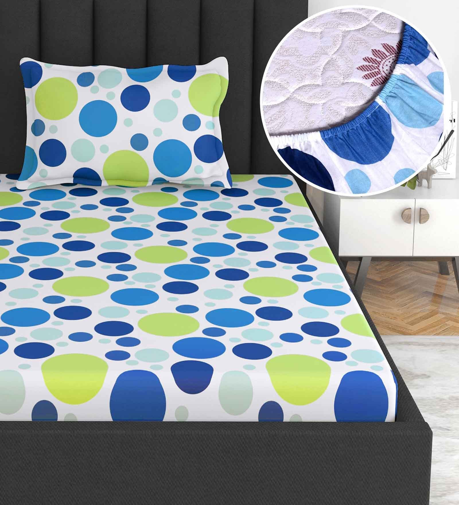 Blue Geometric 144 TC Cotton Single Fitted Bedsheet With 1 Pillow Cover