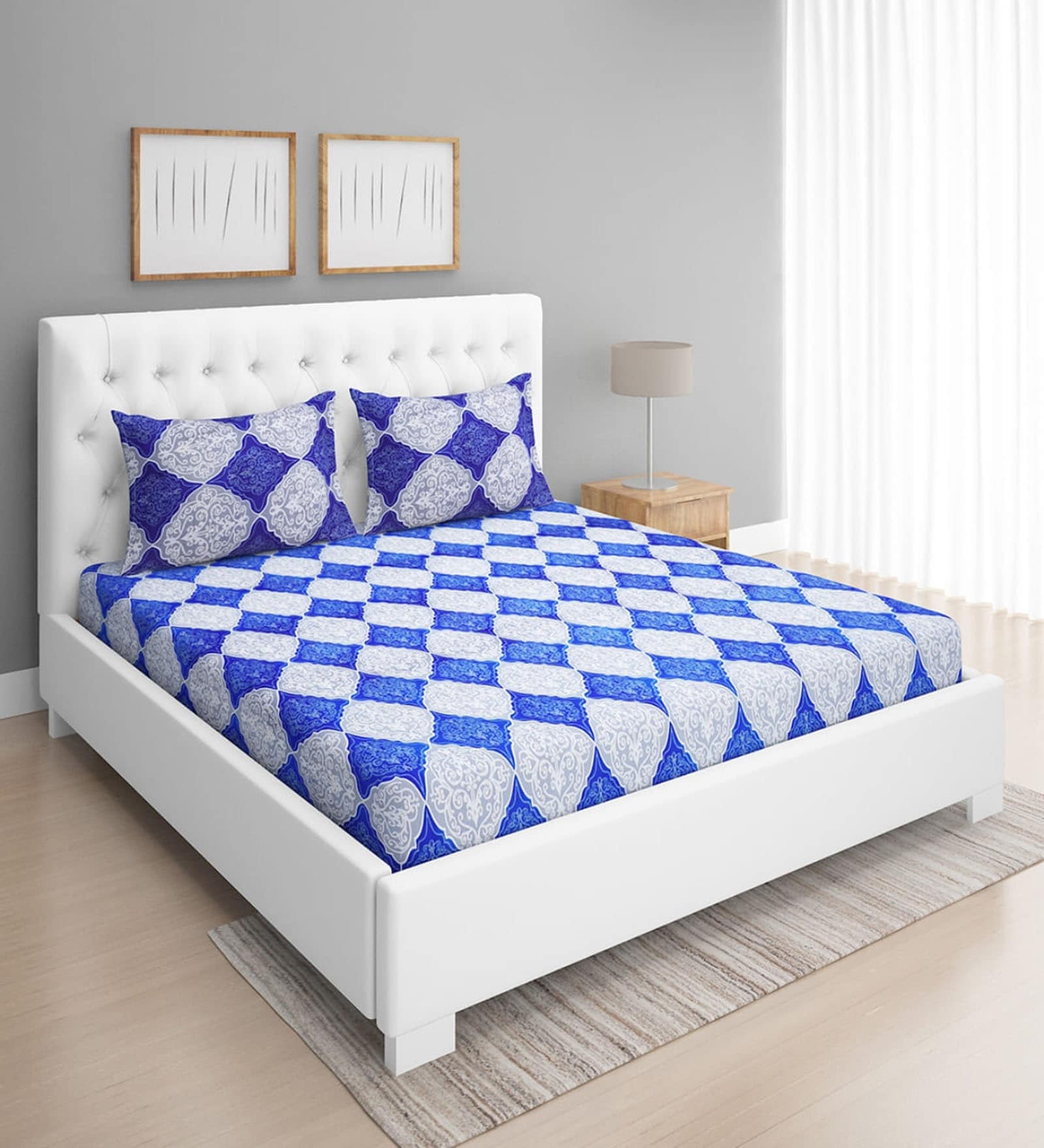 Blue Traditional 144 TC Glace Cotton Queen Sized Double Bedsheet with 2 Pillow Covers Blue Traditional 144 TC Glace Cotton Queen Sized Double Bedsheet with 2 Pillow Covers