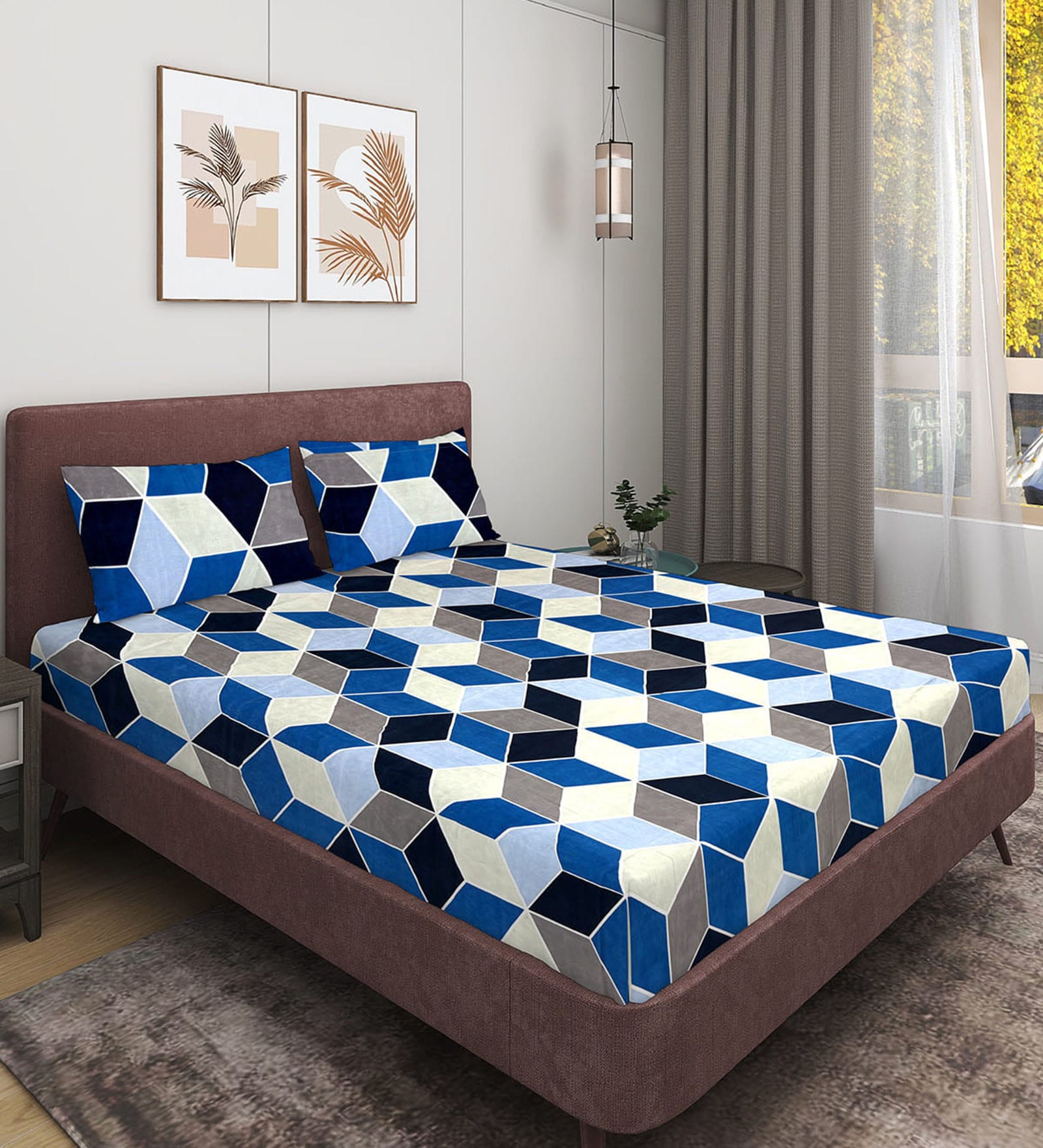 Blue Geometric 144 TC Microfiber Queen Sized Double Bedsheet with 2 Pillow Covers