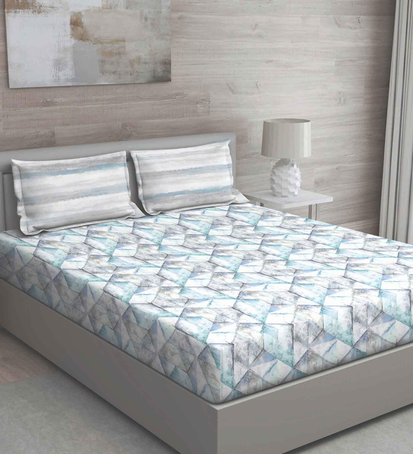 Blue Abstract 150 TC Cotton Queen Sized Bed Sheets with 2 Pillow Covers