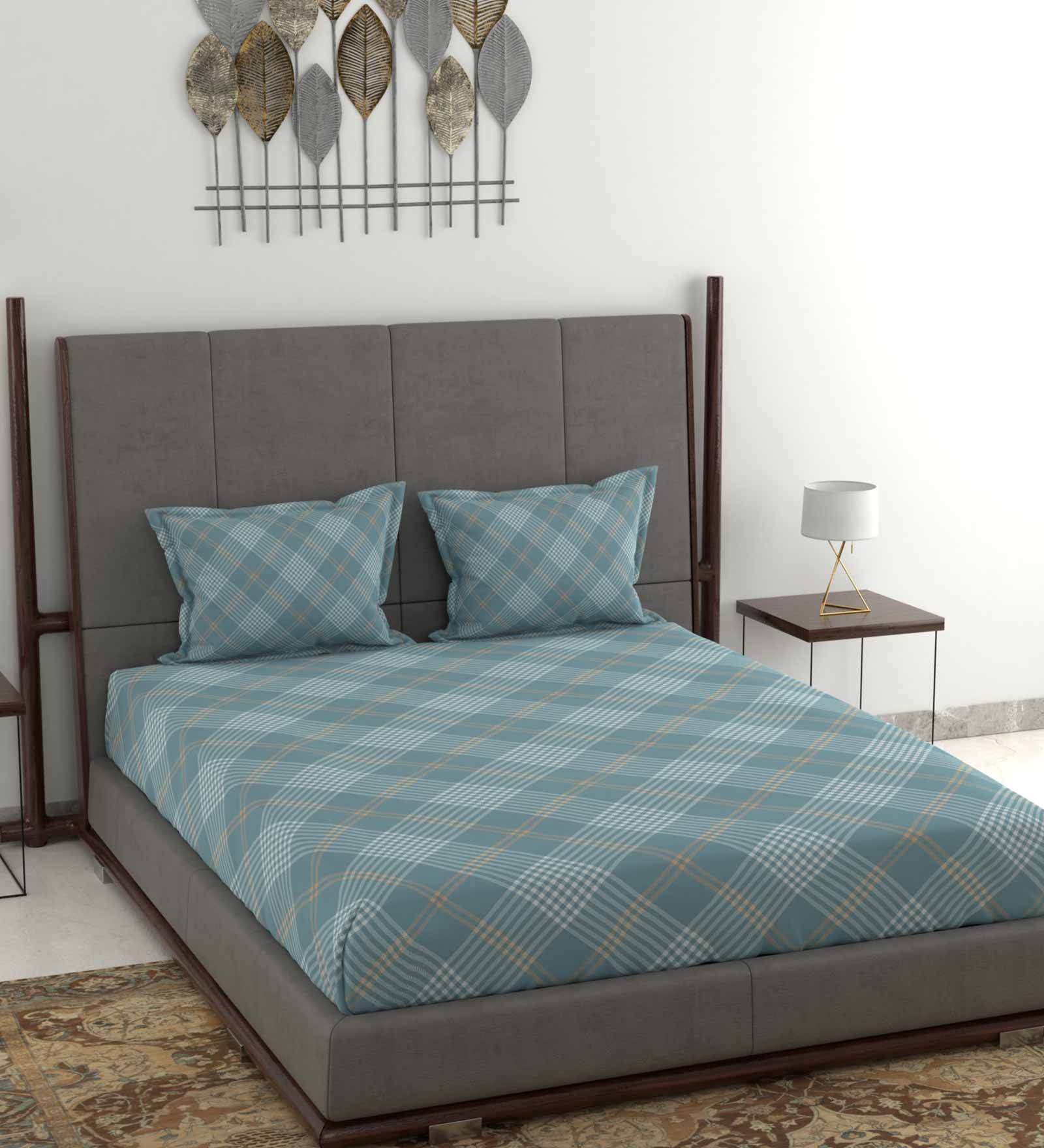 Buy Blue Checkered 160 TC Cotton Queen Sized Bed Sheets with 2 Pillow ...