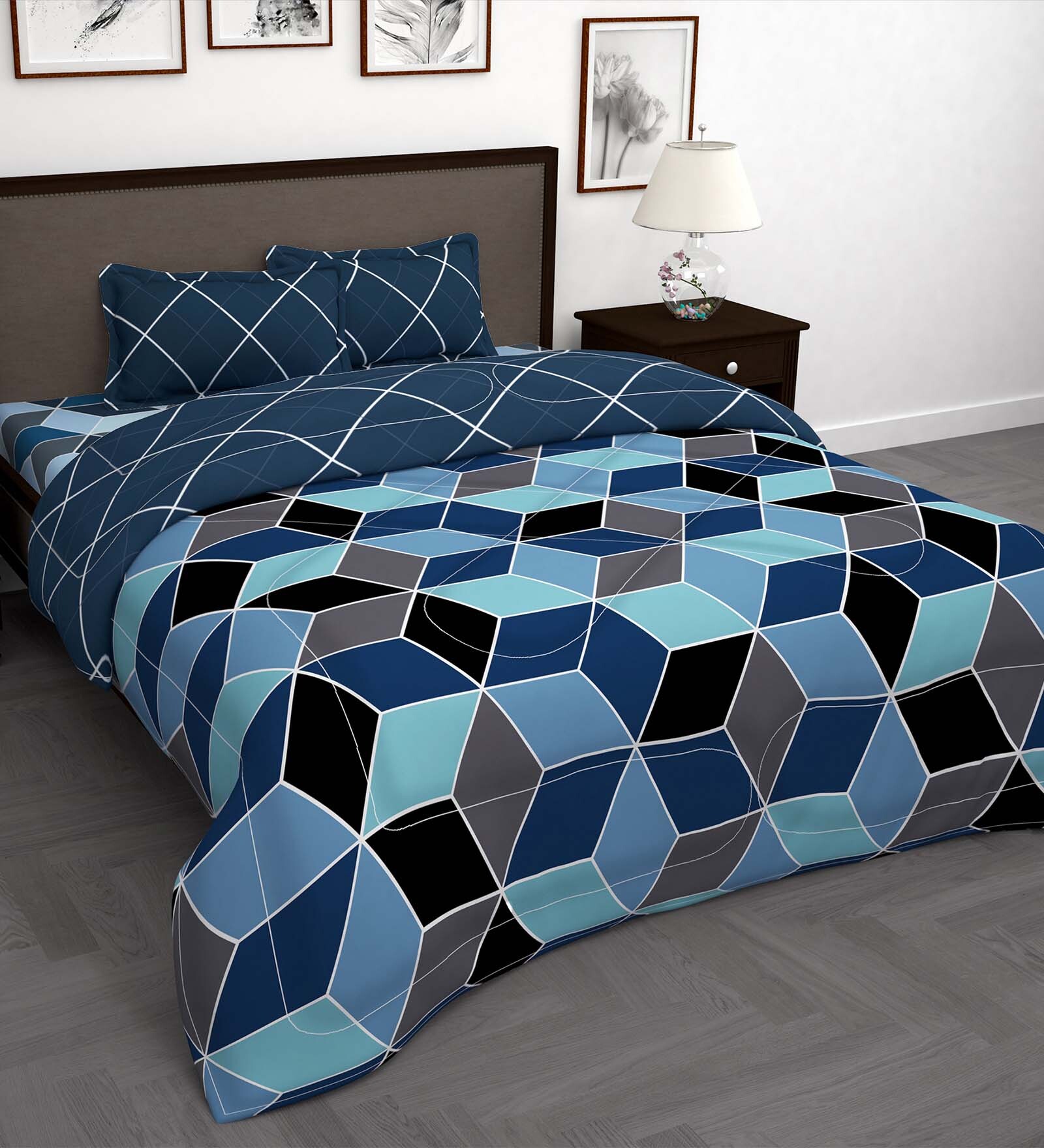 Blue Geometric 180 TC Microfiber 4 Pieces Bedding Set Arena Collection