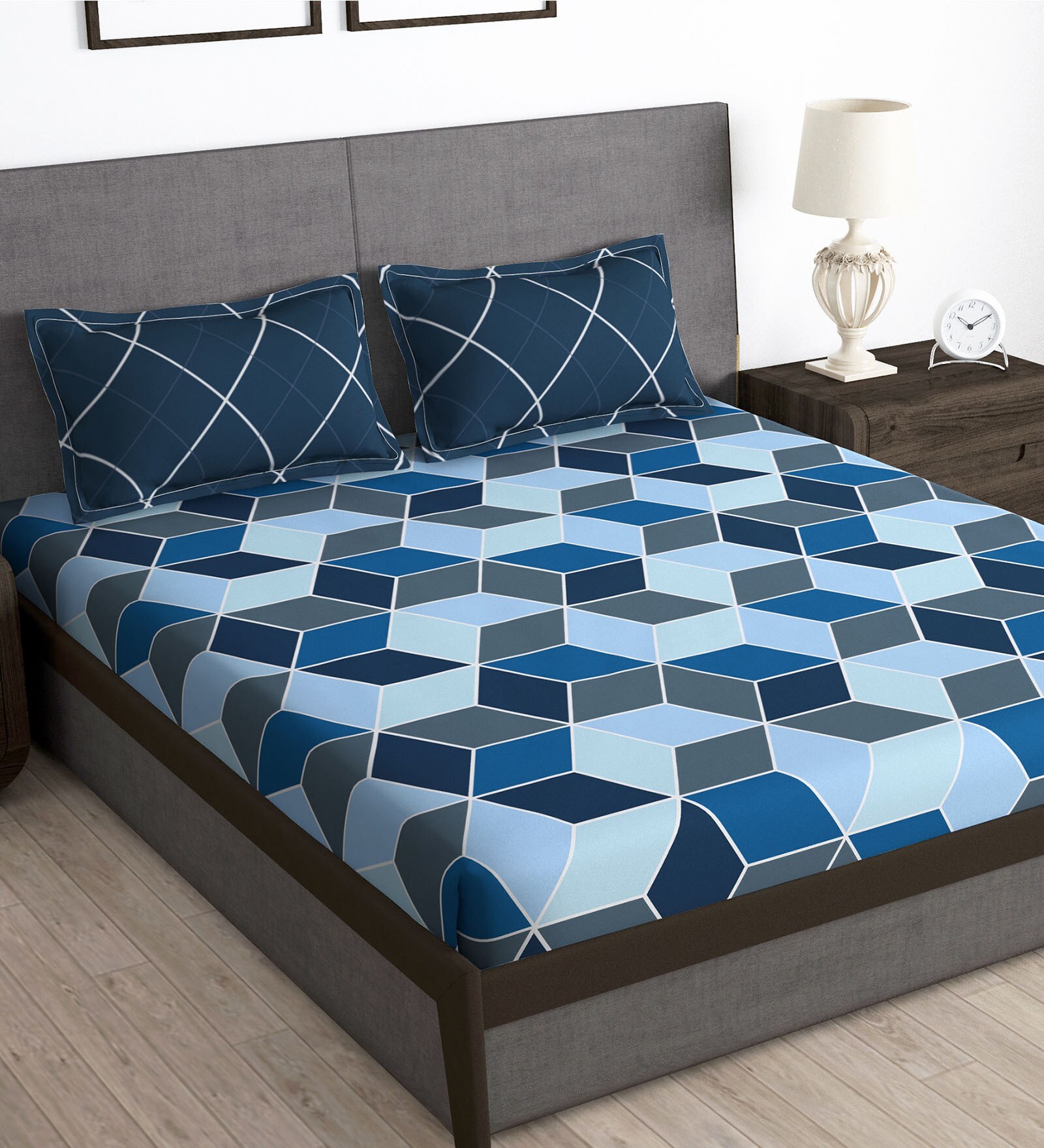 Blue Geometric 180 TC Microfiber Queen Size Bedsheet with 2 Pillow Covers